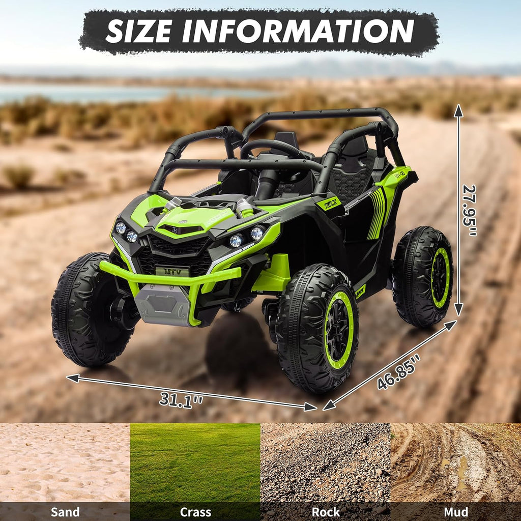 GarveeLife 24V Ride On Utv for Kids, 2 Seater 4WD Electric Truck with Remote Control, High and Low Speed Adjustment, Led Lights,4-Wheel Shock Absorption, One Click Start, Music Player (Green)