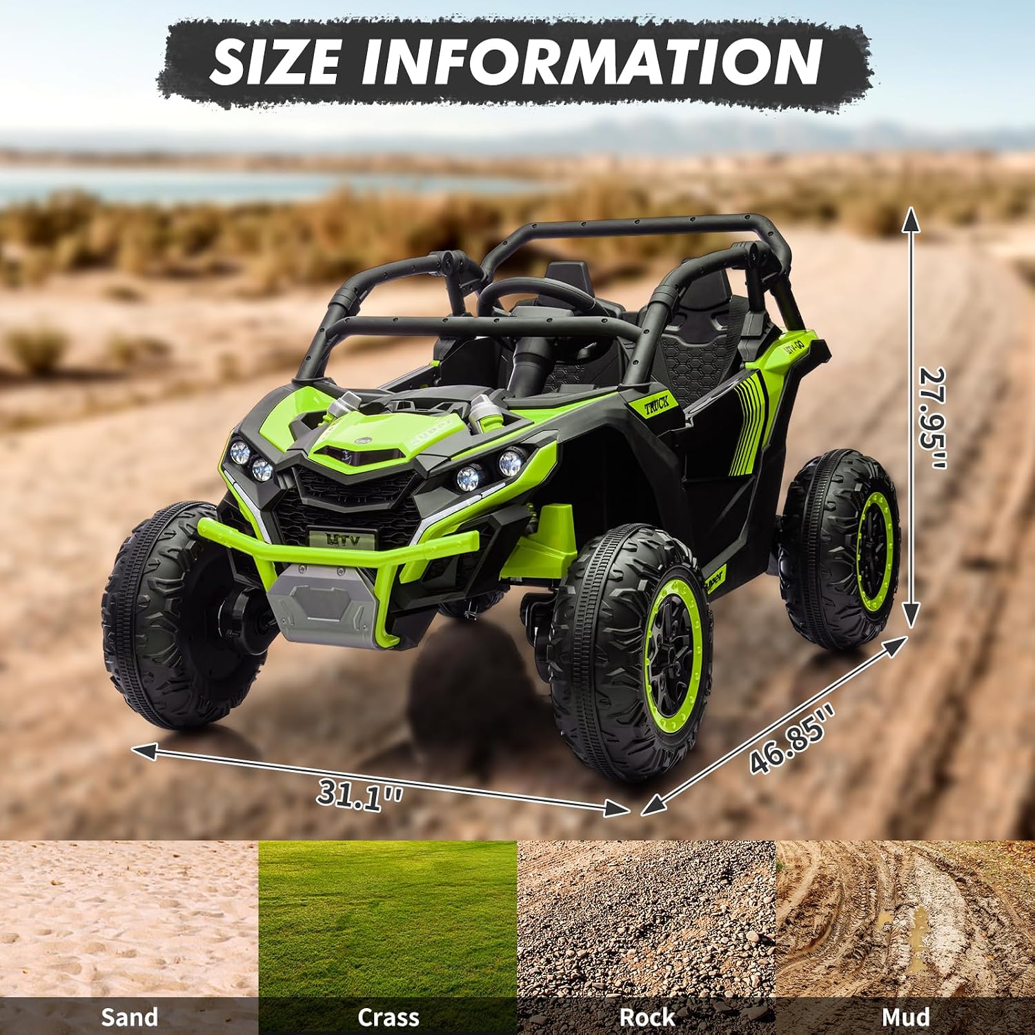 GarveeLife 24V Ride On Utv for Kids, 2 Seater 4WD Electric Truck with Remote Control, High and Low Speed Adjustment, Led Lights,4-Wheel Shock Absorption, One Click Start, Music Player (Green)