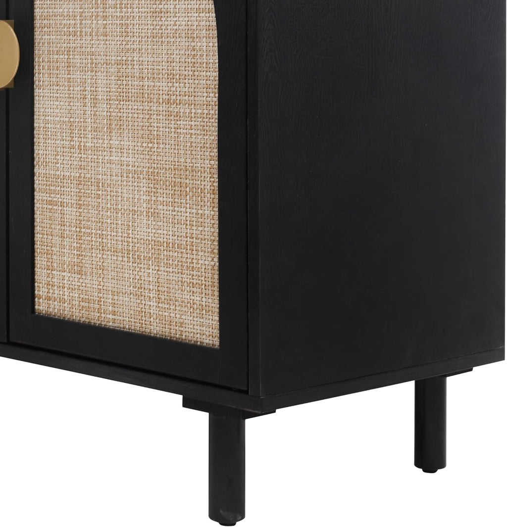 vistavie Black Rattan Buffet 4-Door Storage Cabinet with Adjustable Shelves, Solid Pine Legs, Sideboard TV Stand for Living Room, Coffee Bar for Dining Room & Kitchen