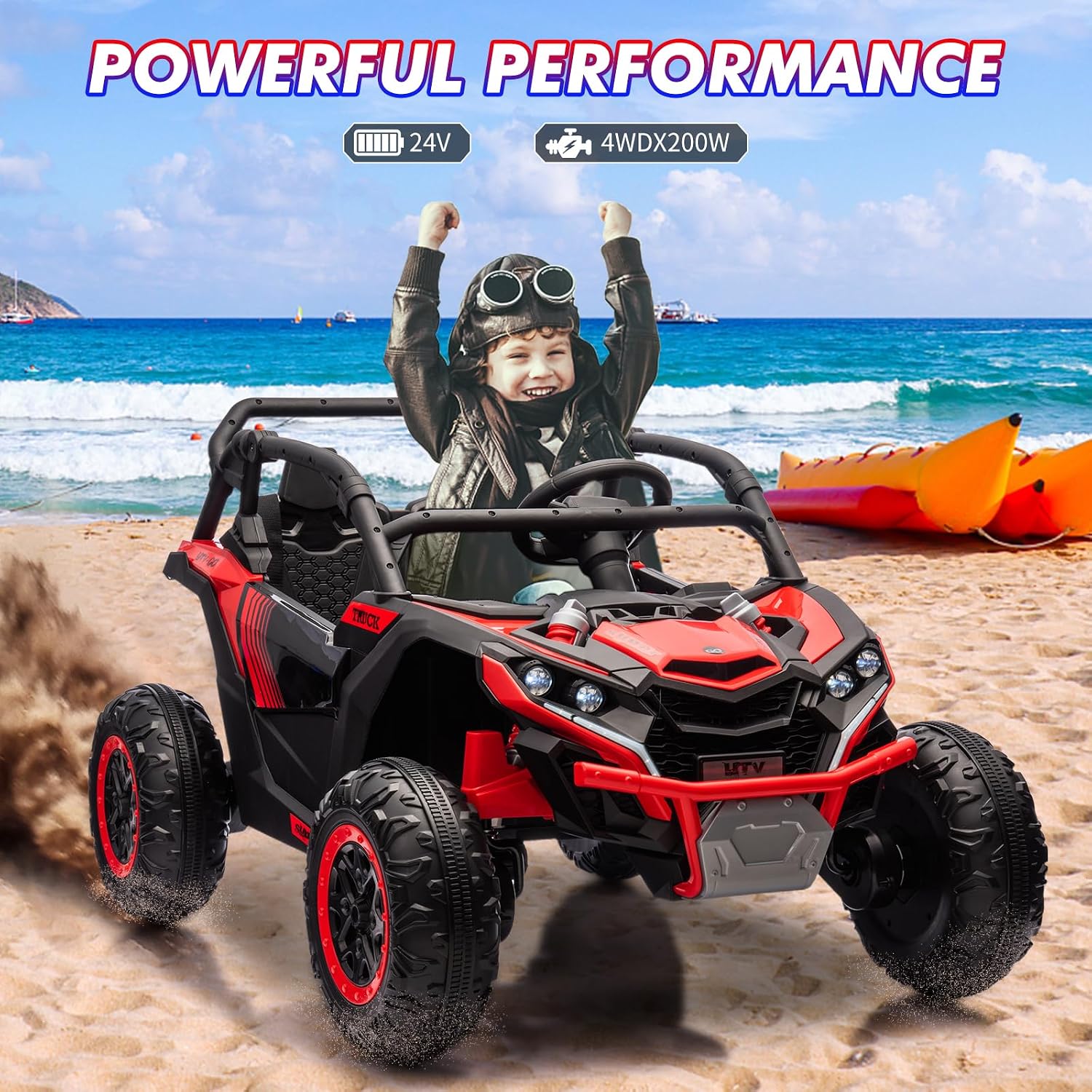 GarveeLife 24V Ride On Utv for Kids, 2 Seater 4WD Electric Truck with Remote Control, High and Low Speed Adjustment, Led Lights,4-Wheel Shock Absorption, One Click Start, Music Player (Red)