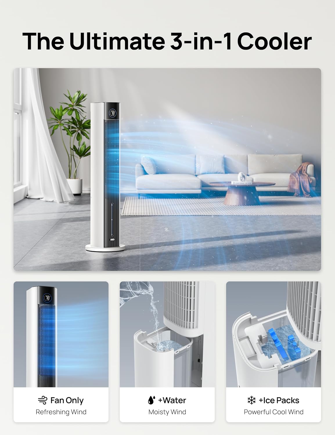 DREO Tower Fan for Bedroom, 43' Cooling Fans That Blow Cold Air 2025 Upgraded, Evaporative Air Cooler, Quiet 85° Oscillating Floor Fan, Easy Cleaning, APP Control, 4 Modes & 4 Speeds, 12H Timer, White