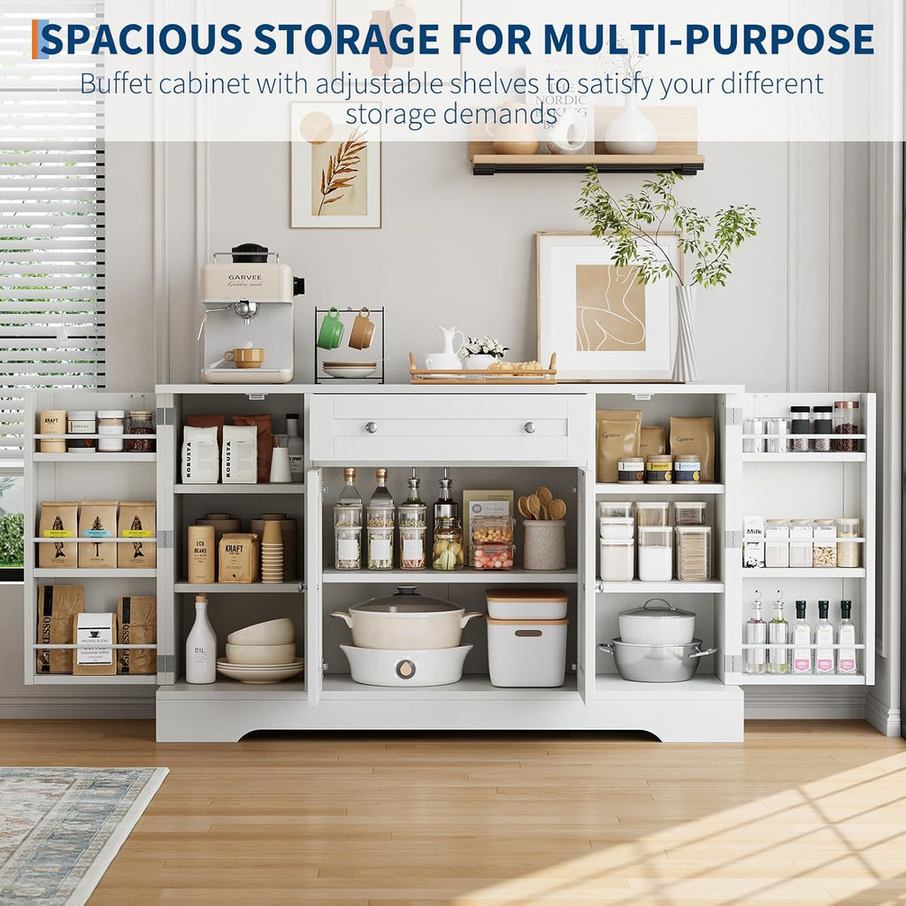 Modern Sideboard Buffet Cabinet with Storage, 55 in Wood Coffee Bar Cabinet with Drawer, Shelves & Door Shelves, Buffet Table Credenzas for Kitchen Dining Room Living Room, White