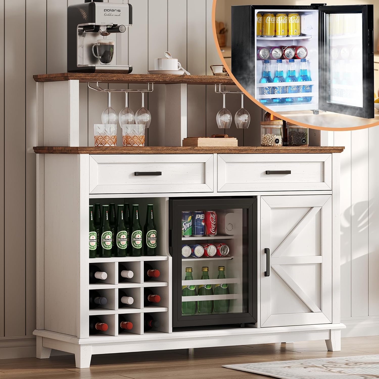 AMERLIFE 47' Farmhouse Coffee Bar Cabinet with 15' Refrigerator & Wine Rack & Glass Holder, Wine Cabinet with Storage Drawers & Open Shelves, Sideboard Buffet Cabinet for Dinging Room, Living Room