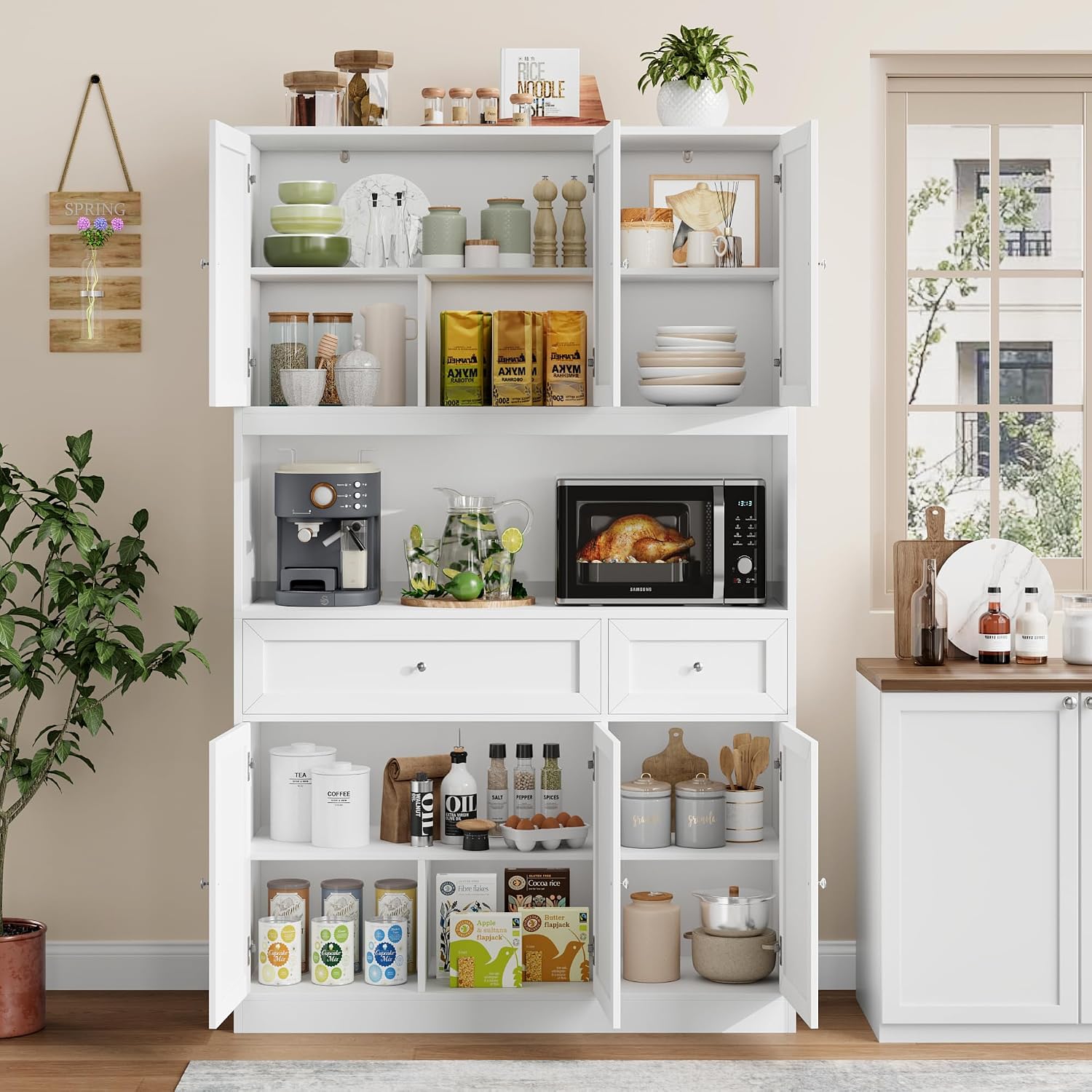 BOTLOG 2PCS Kitchen Cabinets, 71' Large Sideboard Buffet Cabinet with Storage, 72' Tall Pantry Cabinet with Microwave Stand, Wood Coffee Wine Bar Console Table for Kitchen, Dining Room, White