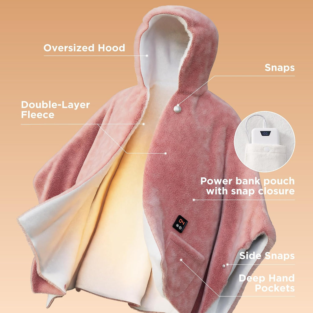 Bedsure Cordless Wearable Heated Blanket - Fluffy Electric Blanket Hoodie with 20000mAh Battery Pack, Portable USB Heated Shawl as Winter Gifts for Women Mom, 4 Heat Levels & 4 Timers, 55'x69', Pink