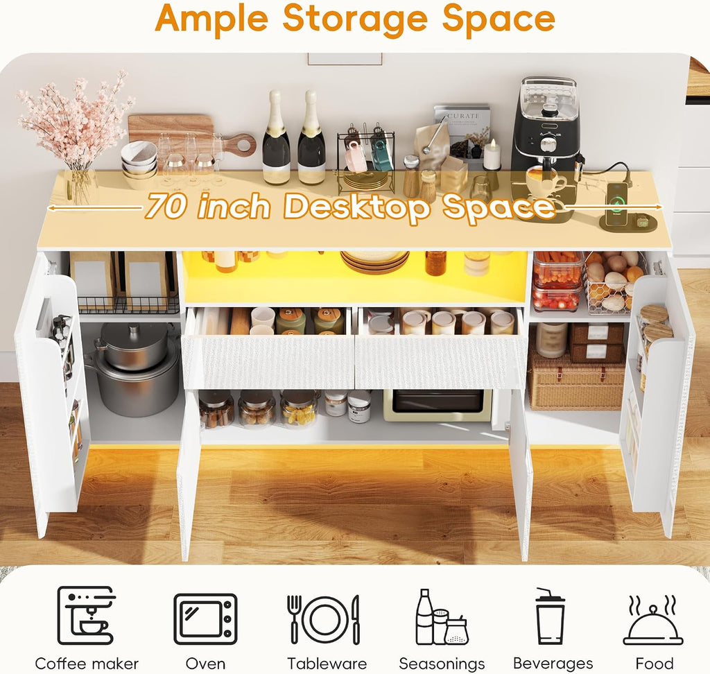 70 Inch Sideboard Buffet Cabinet with Storage, Kitchen Buffet Storage Cabinet with Power Outlets & LED Light, Coffee Bar Console Wine Bar with 2 Drawers & Door Shelves for Living Room, Kitchen, White