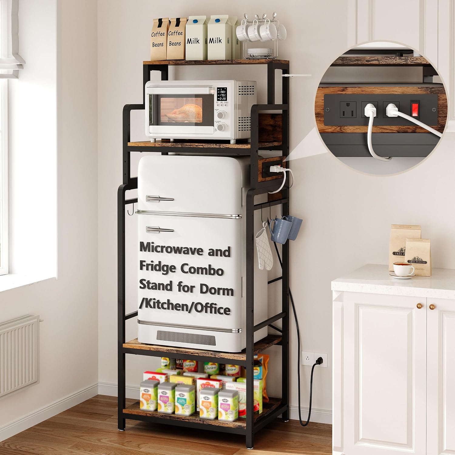 Mini Fridge Stand Microwave Combo Cabinet Station With Small Refrigerator Insert Storage Space, Shelf Organizer Unit For Dorm Room Coffee Bar To Sit, Big Table With Power Outlet To Go Over Fridge