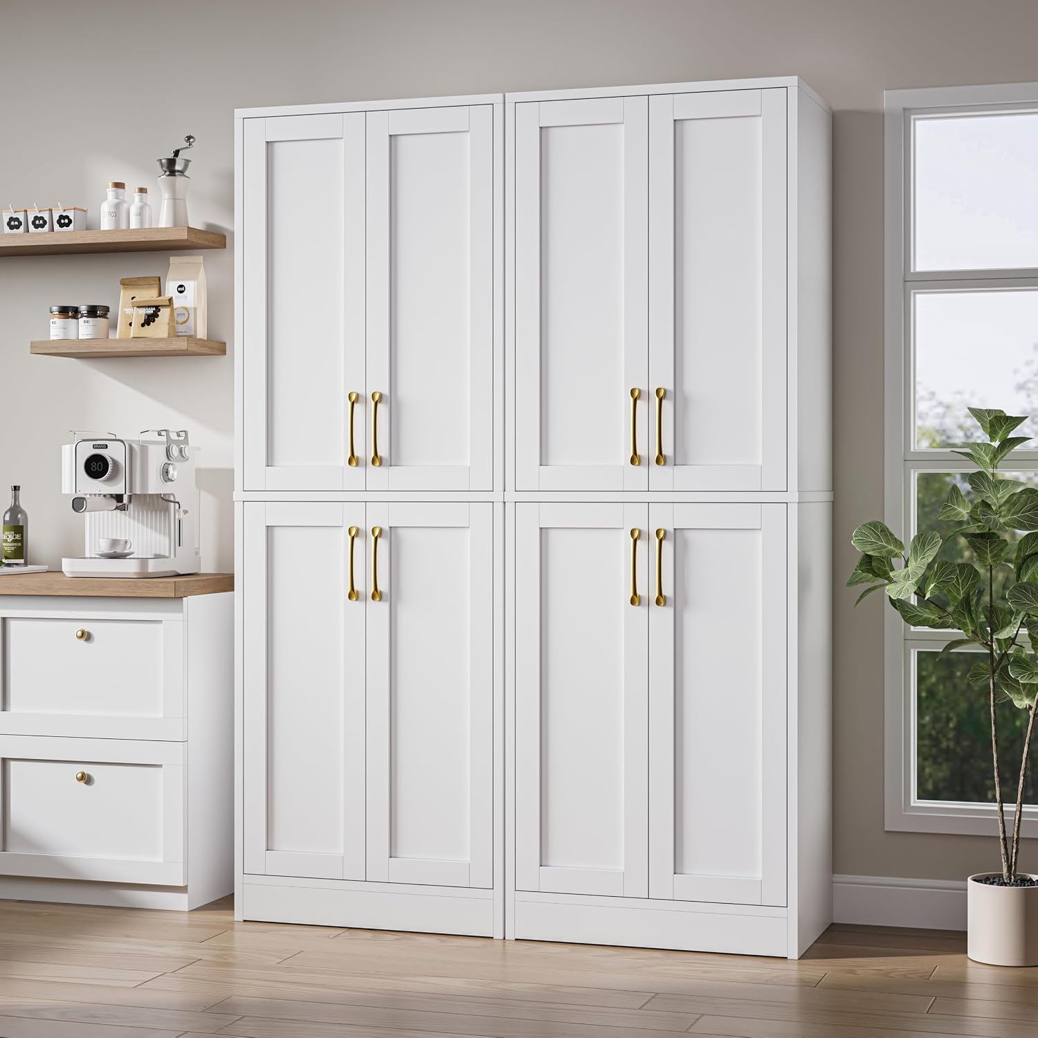 Tall Storage Cabinet, Kitchen Pantry with 4 Doors and Adjustable Shelves, Linen Bathroom Cabinet for Laundry Room, Dining Room, Living Room, Office, White