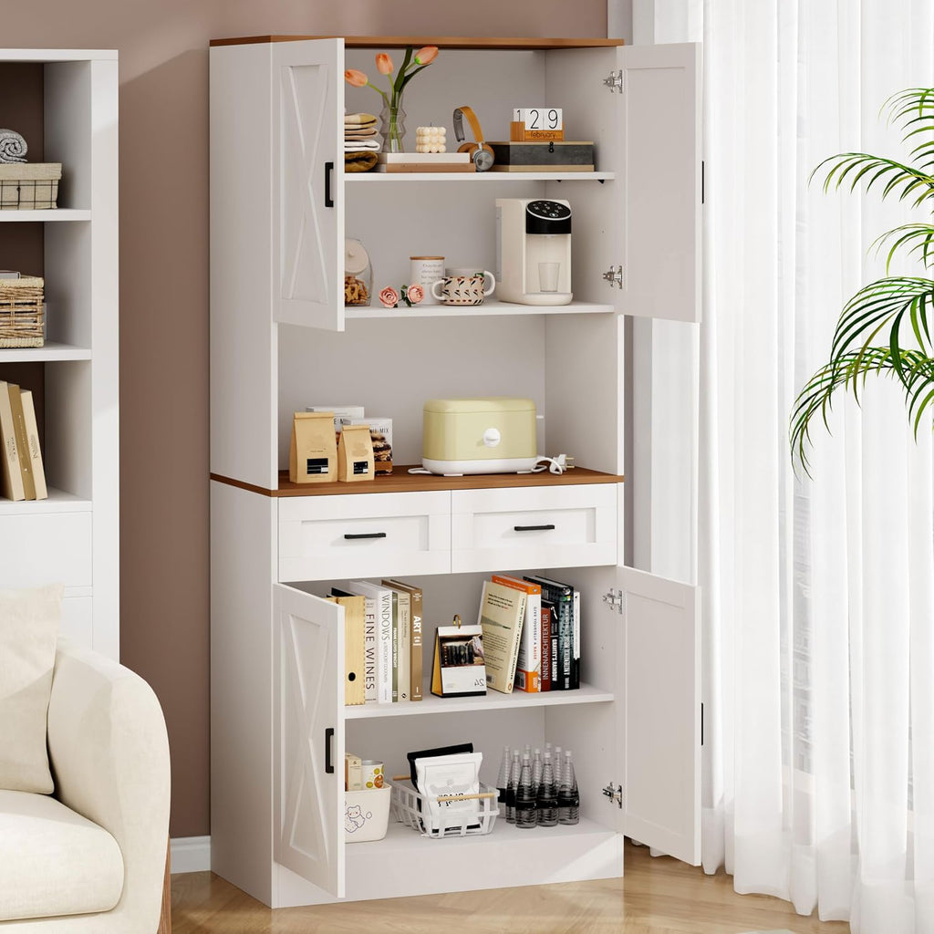 71' Kitchen Pantry Storage Cabinet, Kitchen Hutch with Microwave Stand and Adjustable Shelves Freestanding Cupboard for Dining Living Room, White
