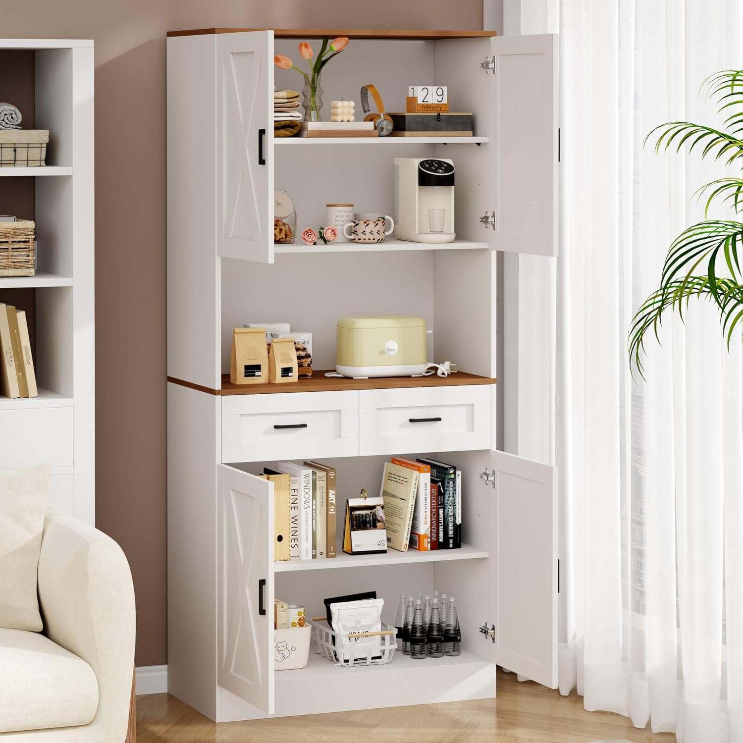 71' Kitchen Pantry Storage Cabinet, Kitchen Hutch with Microwave Stand and Adjustable Shelves Freestanding Cupboard for Dining Living Room, White