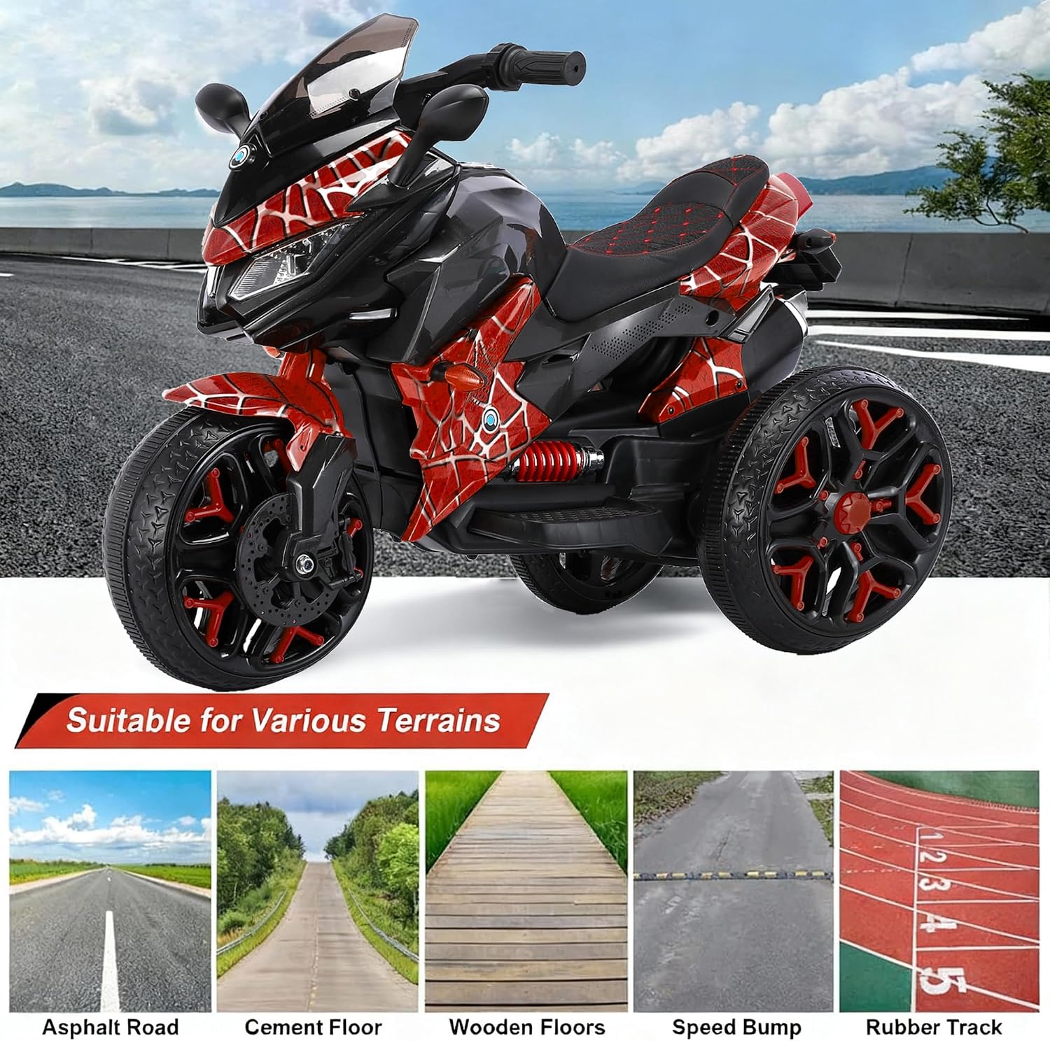 12V Kids Electric Motorcycle with Training Wheels | Plastic, PU seat, manual throttle, foot brake, USB, MP3, phone link, light-up wheels, ages 3-6, 45.3 W x 23.2 D x 28.7 H in