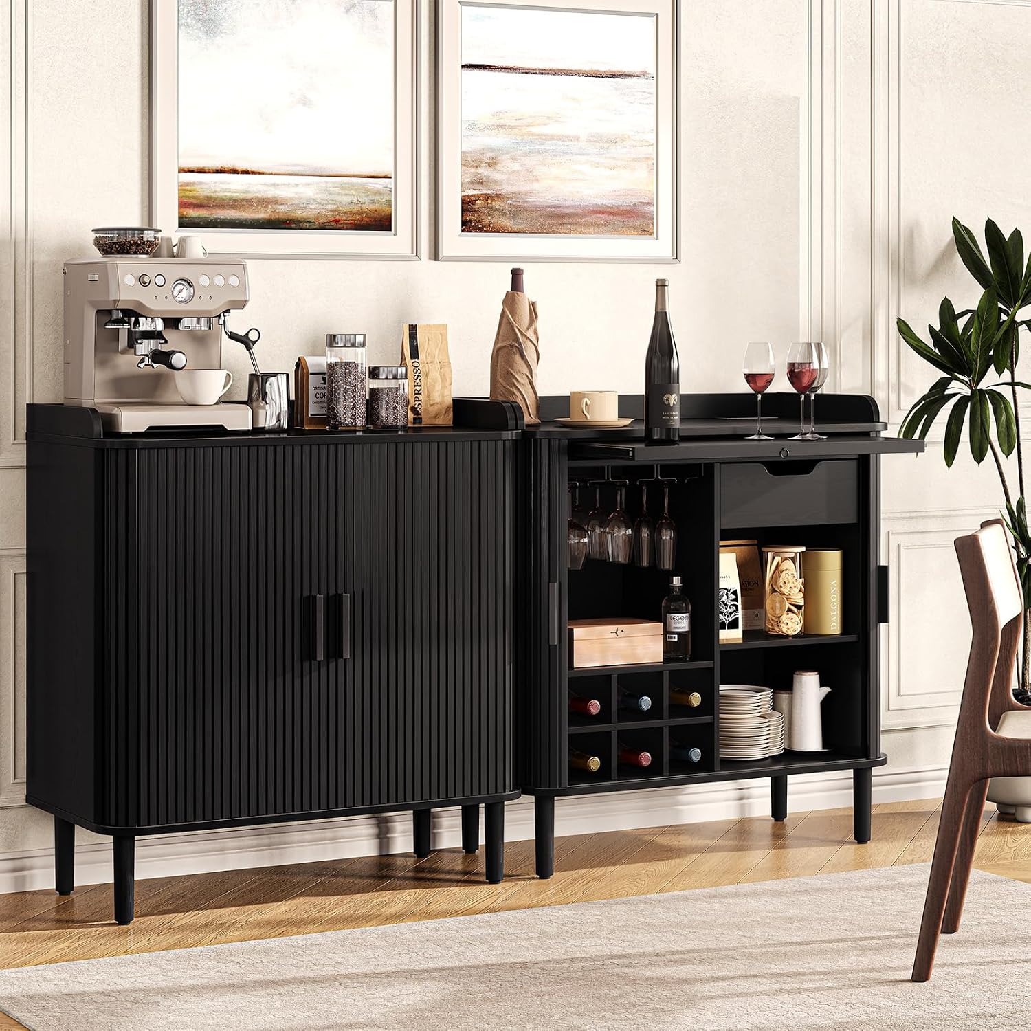 ONBRILL Fluted Bar Cabinet, Mid Century Modern Coffee Bar Cabinet, Wine Cabinet with Storage, Liquor Cabinet with Charging Station and Wine Racks Glass Holder for Home Living Room Kitchen Black