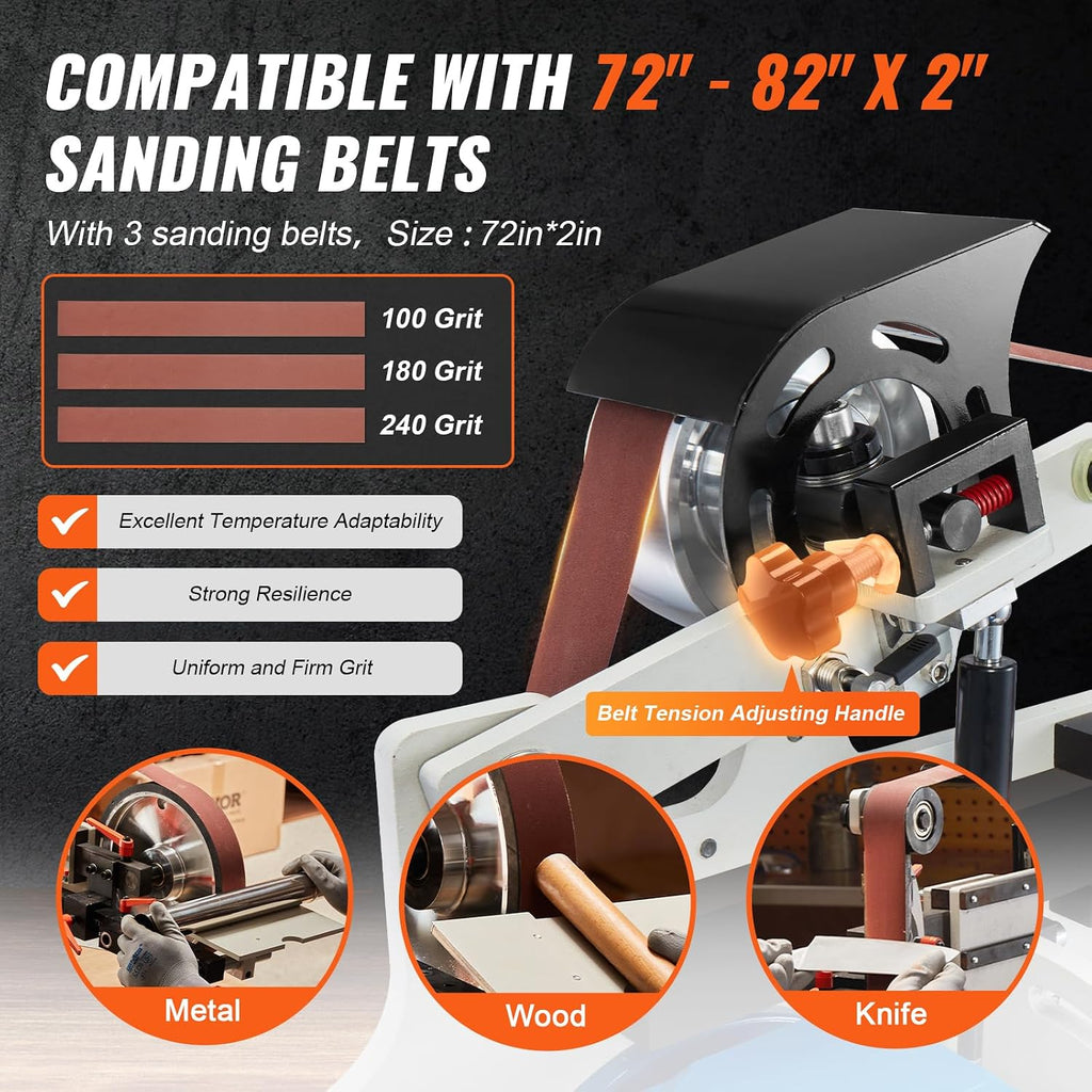 VEVOR Belt Grinder Sander, 72 x 2-Inch Variable Speed Belt Polisher with VFD, 1500W Knife Sharpener with 3 Grinding Moulds & 3PCS Sanding Belts for Metalworking, Compatible with 72'- 82 * 2' Belts