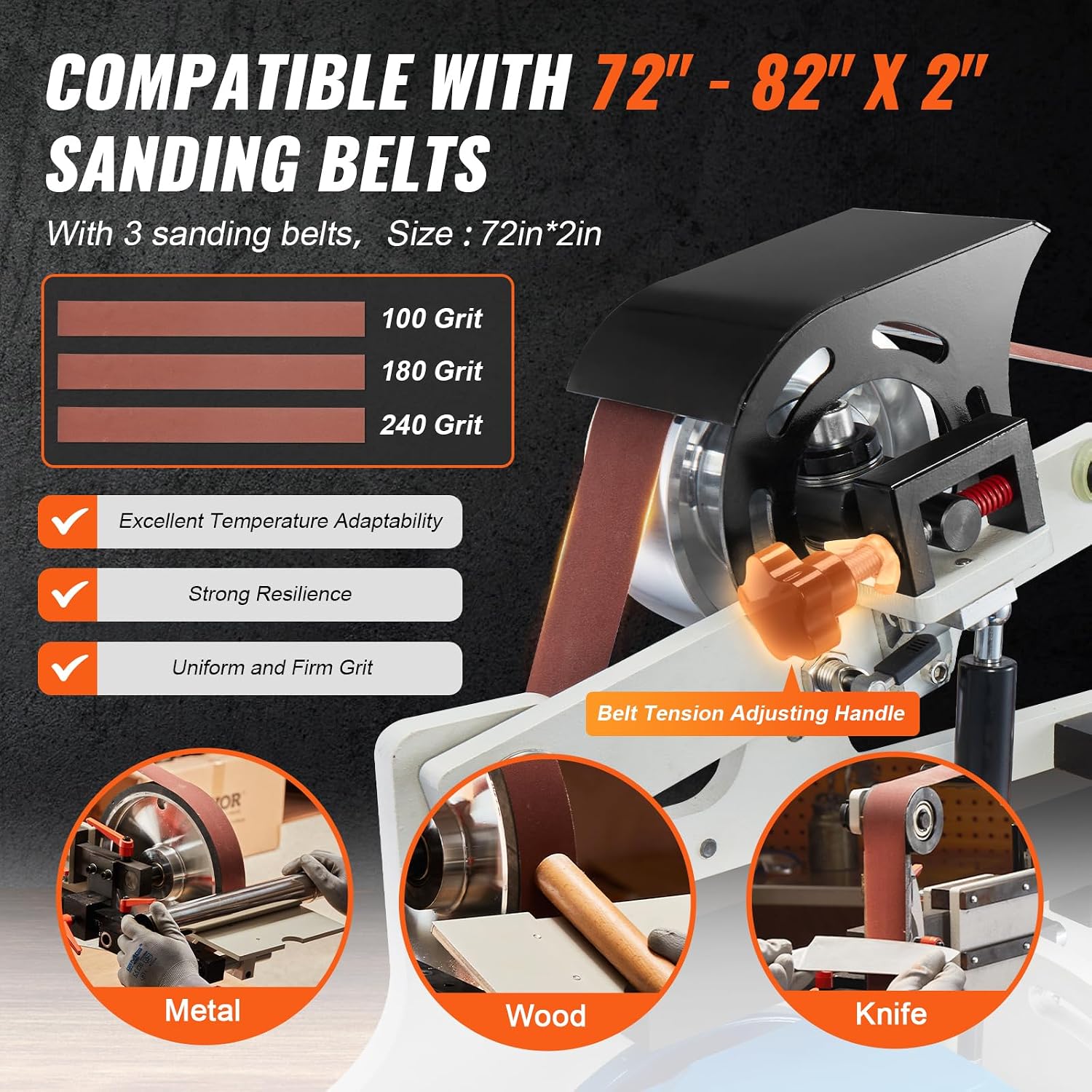 VEVOR Belt Grinder Sander, 72 x 2-Inch Variable Speed Belt Polisher with VFD, 1500W Knife Sharpener with 3 Grinding Moulds & 3PCS Sanding Belts for Metalworking, Compatible with 72'- 82 * 2' Belts