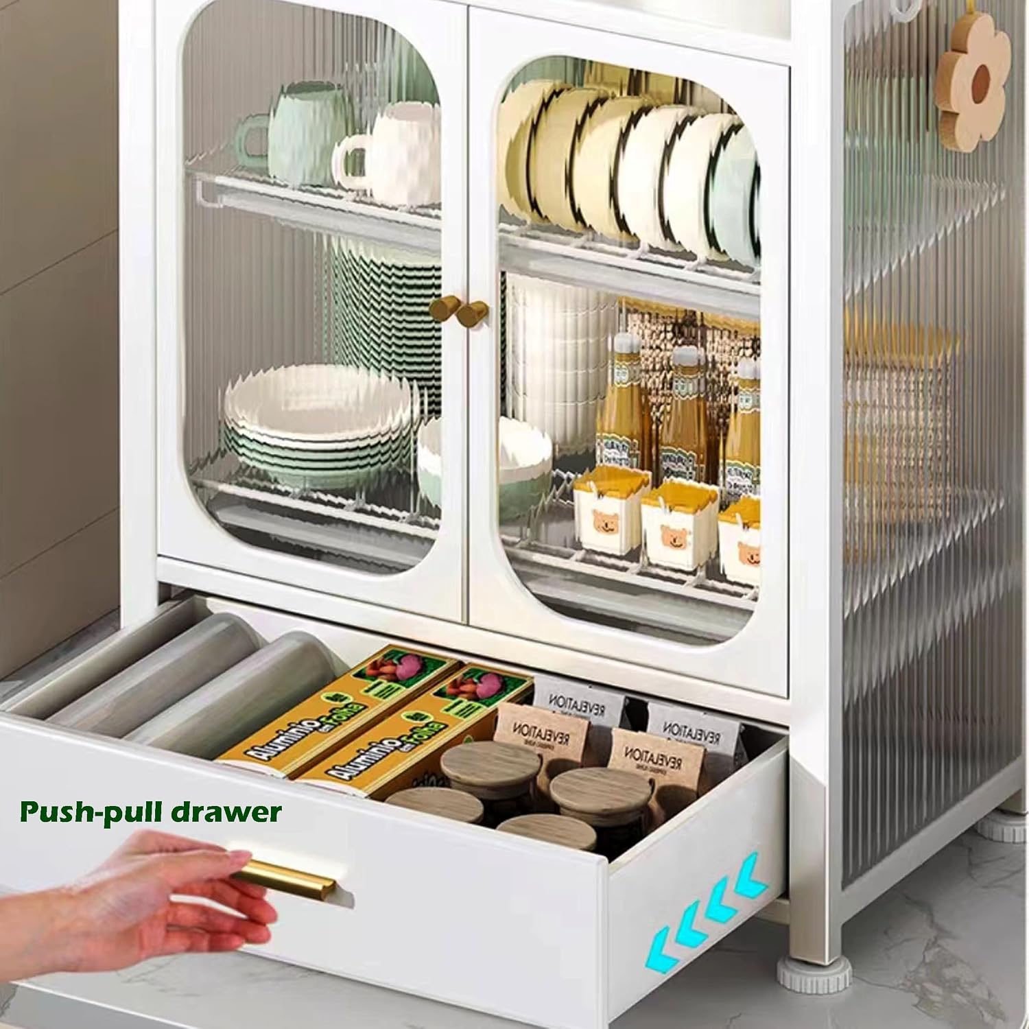 Kitchen Countertop with Drawers Dish Cabinet, Dish Rack,Dual Door Dustproof Multifunctional Kitchen Storage Cabinet Suitable for Kitchens and Restaurants (White)