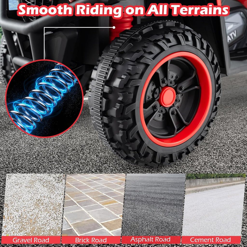 OLAKIDS 12V Kids ATV Quad with 2 Speeds, Spring Suspension, LED Lights, Music & Story Player, Big Tires, 2 Storage Spaces, Ride On Car for Boys Girls Ages 3+ (12V, Red)
