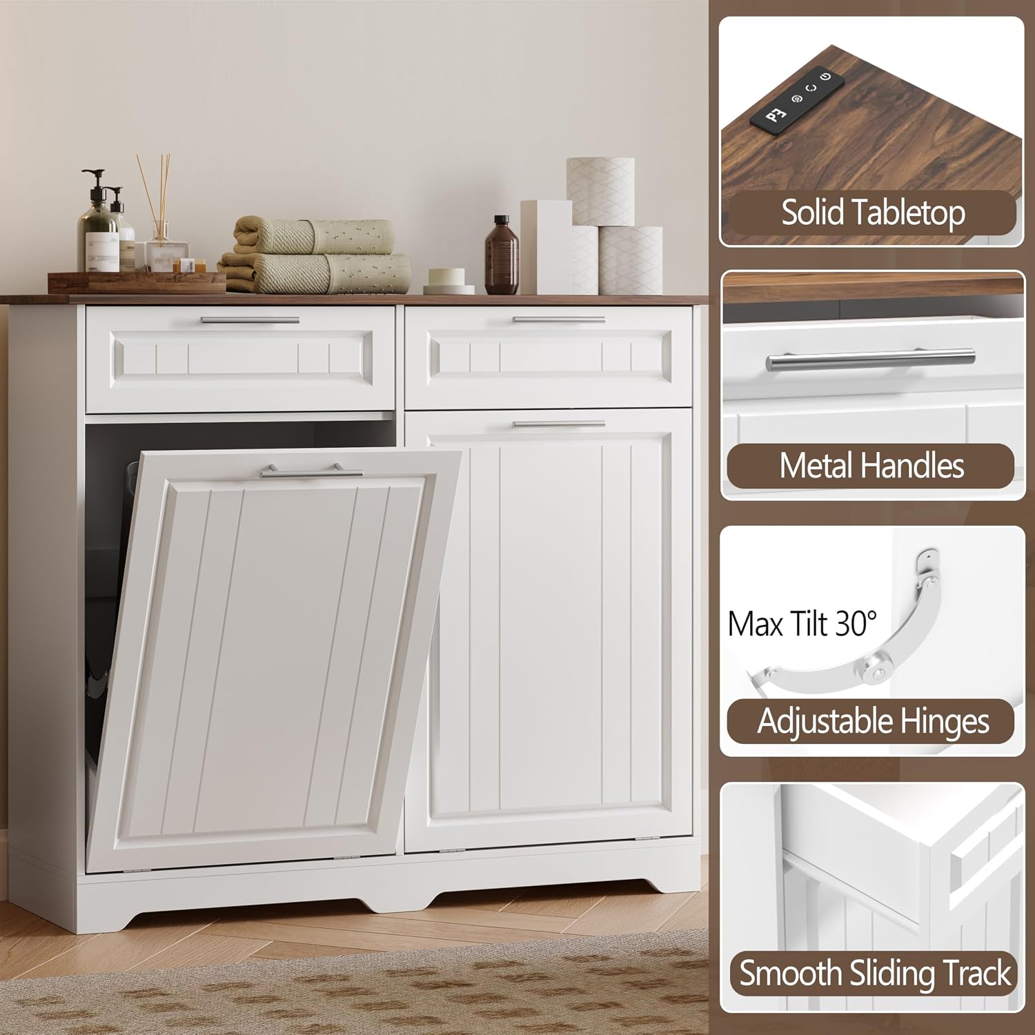 2 x 10 Gallon Double Tilt Out Trash Can Cabinet with Deodorizing Function & Charging Station, Hidden Laundry Hamper Cabinet with Storage Drawers, Garbage Can Holder for Kitchen, Bathroom, White