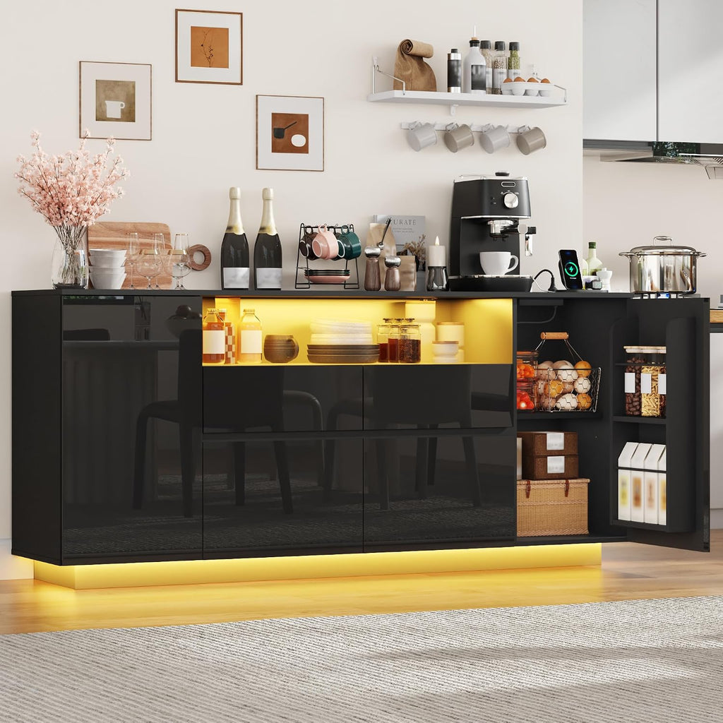 70 Inch Sideboard Buffet Cabinet with Storage, Kitchen Buffet Storage Cabinet with Power Outlets & LED Light, Coffee Bar Console Wine Bar with 2 Drawers & Door Shelves for Living Room, Kitchen, Black