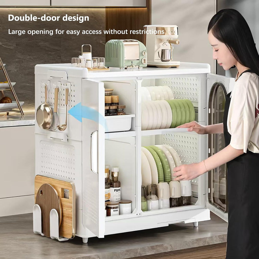 Kitchen Countertop with Drawers Dish Cabinet, Drainer Cabinet, Dual Door Design, Dustproof and Oil Resistant Multifunctional Kitchen Storage Cabinet (White-A)