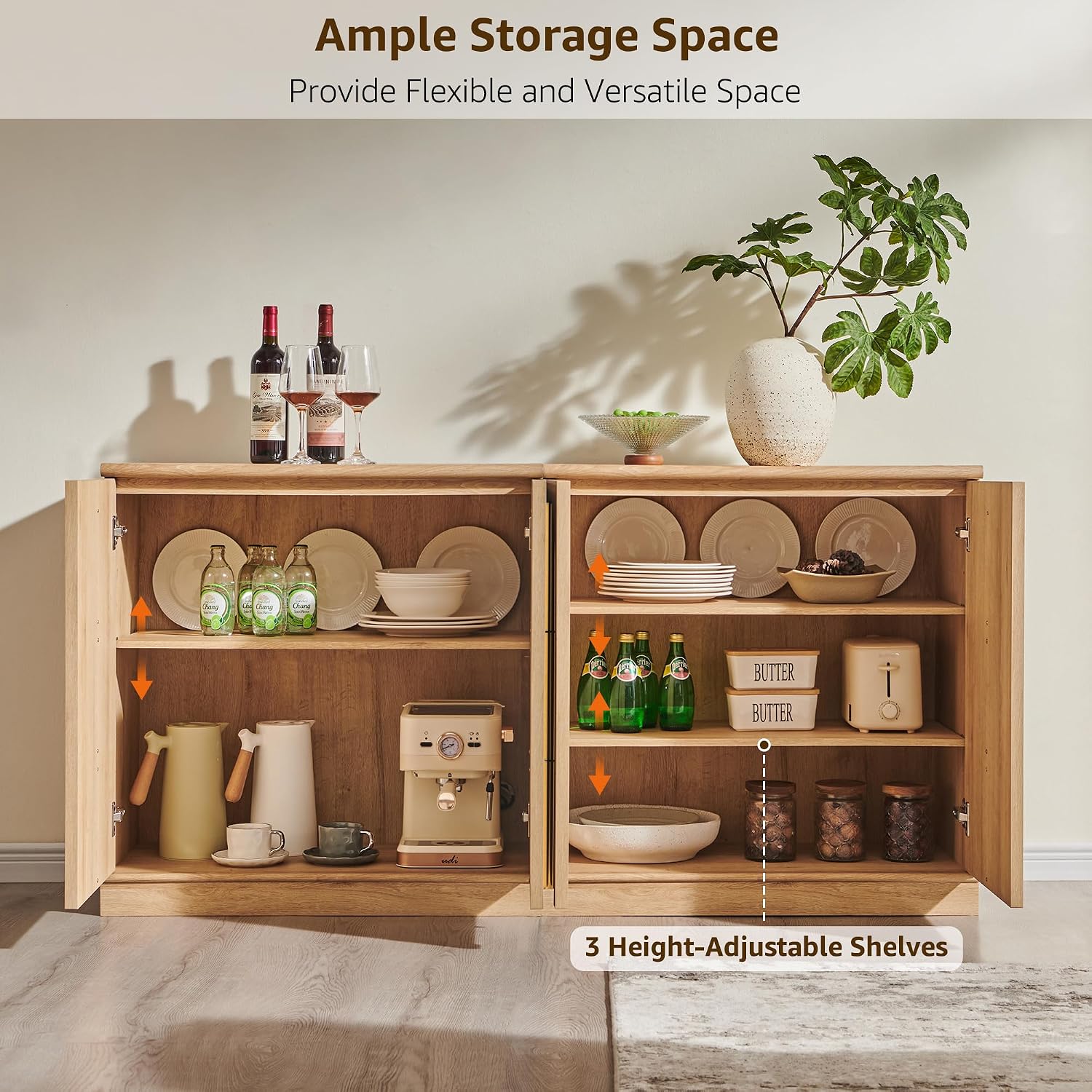 ACCOHOHO 63 Inch Sideboard Buffet Cabinet with Storage & Arched Doors, Wood Coffee Bar Tables with Adjustable Shelf for Living Room, Kitchen, Entryway, Natural Oak