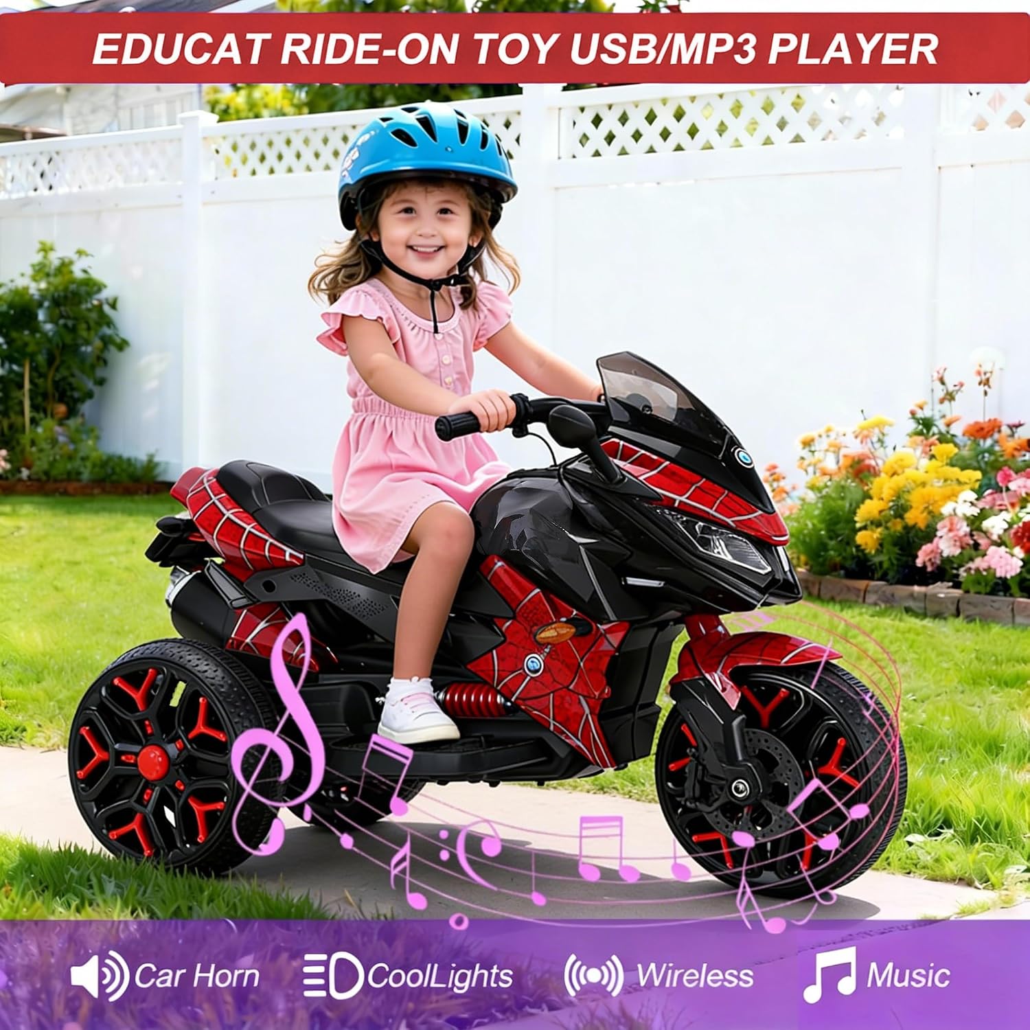 12V Kids Electric Motorcycle with Training Wheels | Plastic, PU seat, manual throttle, foot brake, USB, MP3, phone link, light-up wheels, ages 3-6, 45.3 W x 23.2 D x 28.7 H in