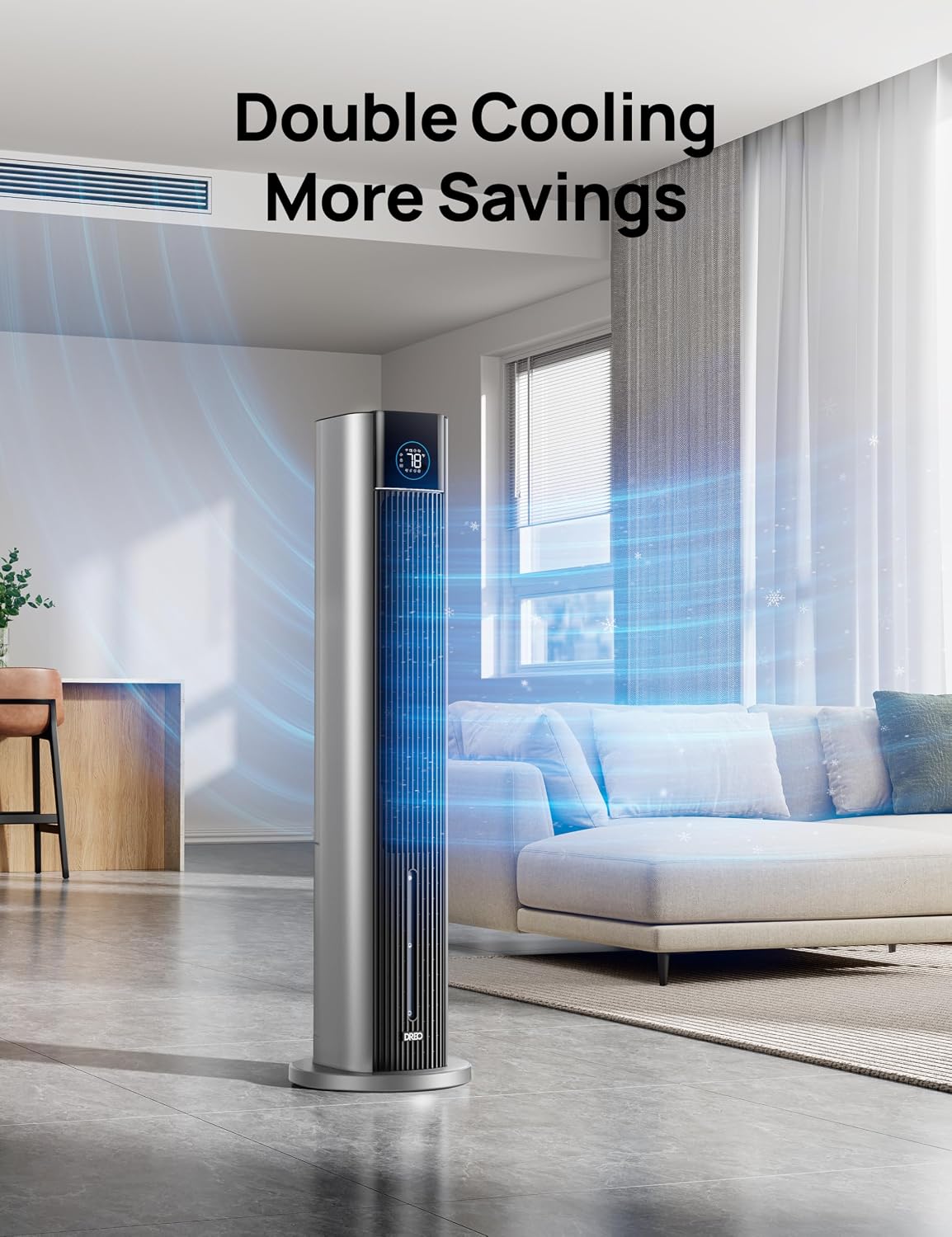 DREO Portable Air Conditiioner, 43' Cooling Fans That Blow Cold Air 2025 Upgraded, Evaporative Air Cooler, Quiet 85° Oscillating Fan, Easy Cleaning, APP Control, 4 Modes & 4 Speeds, 12H Timer, Silver