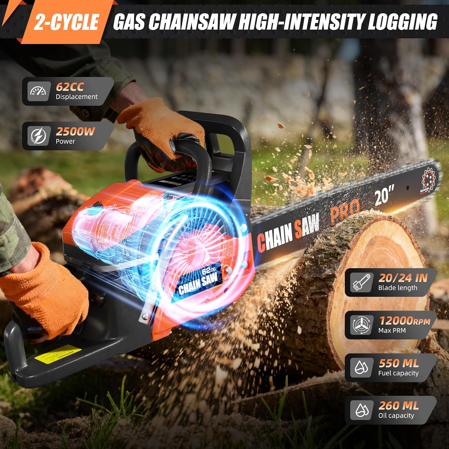 62CC Gas Chainsaw, Professional Chainsaw with 2-Stroke Engine, 20inch & 24inch Chain Saw Bar, Ergonomic Non-Slip Handle & Dual Fuel Tanks for Tree Wood Cutting