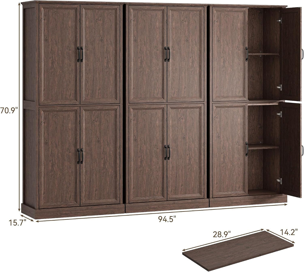 Tradare 71'' Tall Pantry Cabinet Set of 3, Farmhouse Kitchen Pantry Storage Cabinet with Barn Door and Adjustable Shelves, Rustic Wood Freestanding Cupboard for Kitchen, Dining Room, Brown