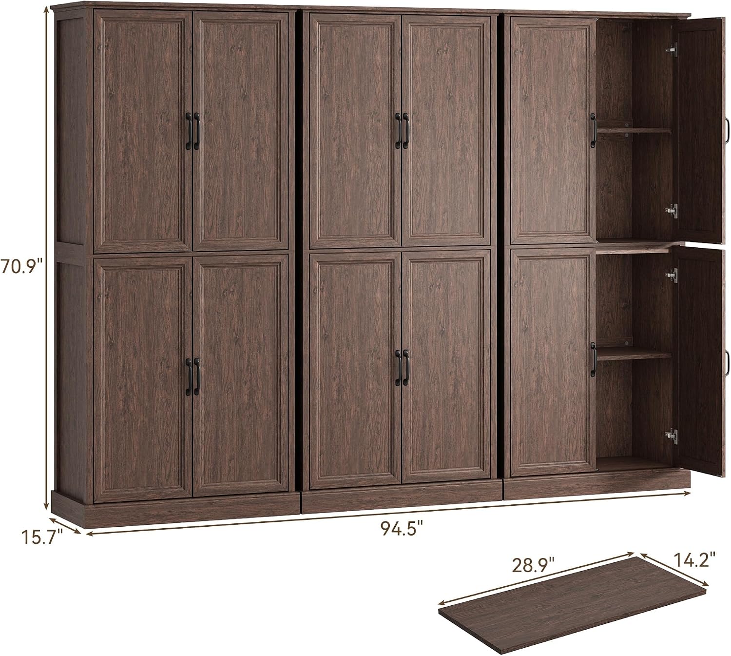 Tradare 71'' Tall Pantry Cabinet Set of 3, Farmhouse Kitchen Pantry Storage Cabinet with Barn Door and Adjustable Shelves, Rustic Wood Freestanding Cupboard for Kitchen, Dining Room, Brown