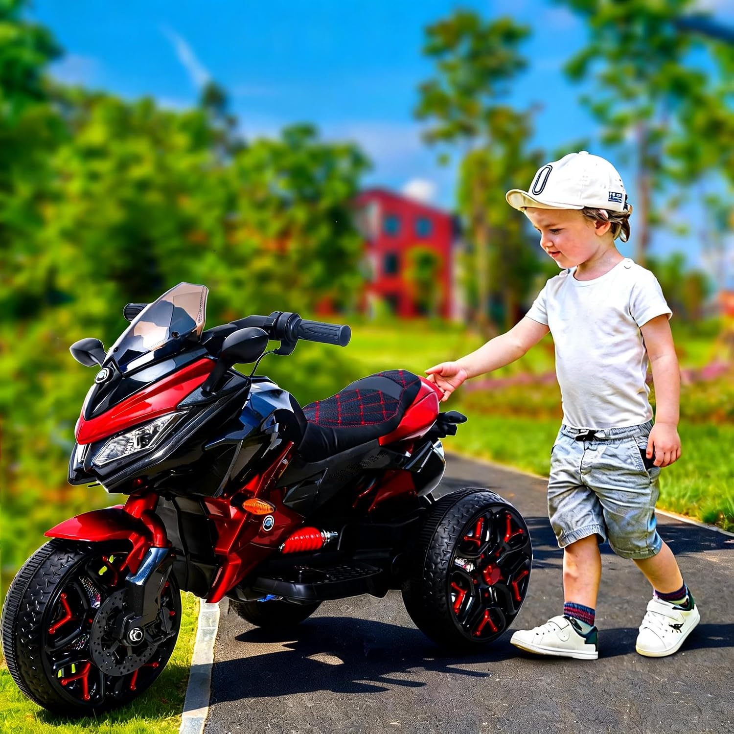 12V Kids Electric Motorcycle with Training Wheels | Plastic, PU seat, manual throttle, foot brake, USB, MP3, phone link, light-up wheels, ages 3-6, 45.3 W x 23.2 D x 28.7 H in