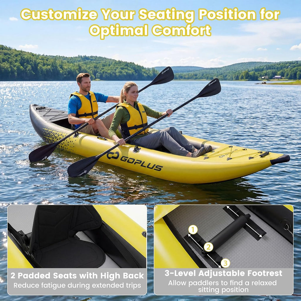 Goplus Tandem Inflatable Kayak, 12.5FT 2-Person Kayak for Adults w/507 LBS Weight Capacity, 2 Aluminium Oars, Padded Seat, 2 Fins, Hand Pump, Carry Bag, Repair Kit, Portable Touring Kayaks