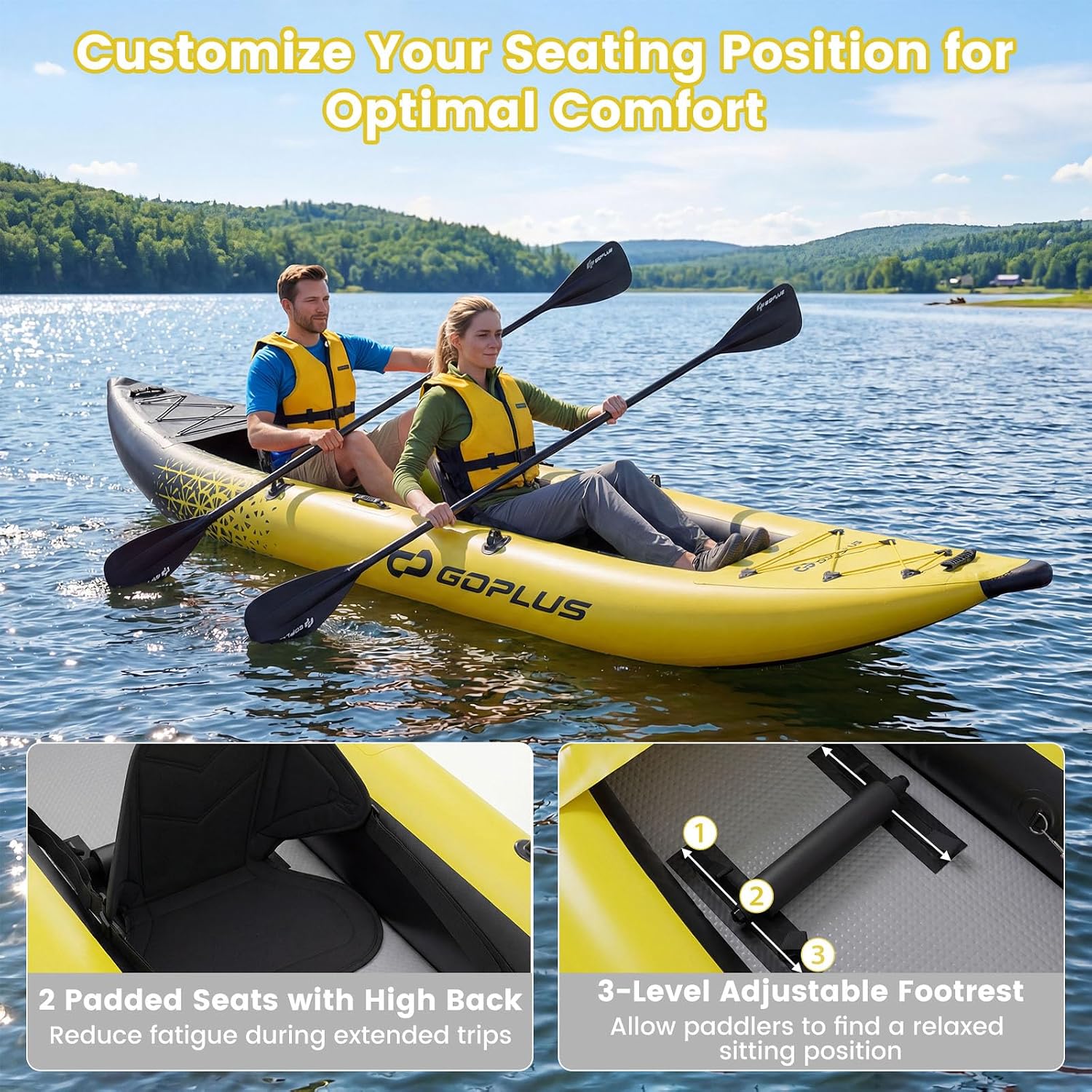 Goplus Tandem Inflatable Kayak, 12.5FT 2-Person Kayak for Adults w/507 LBS Weight Capacity, 2 Aluminium Oars, Padded Seat, 2 Fins, Hand Pump, Carry Bag, Repair Kit, Portable Touring Kayaks