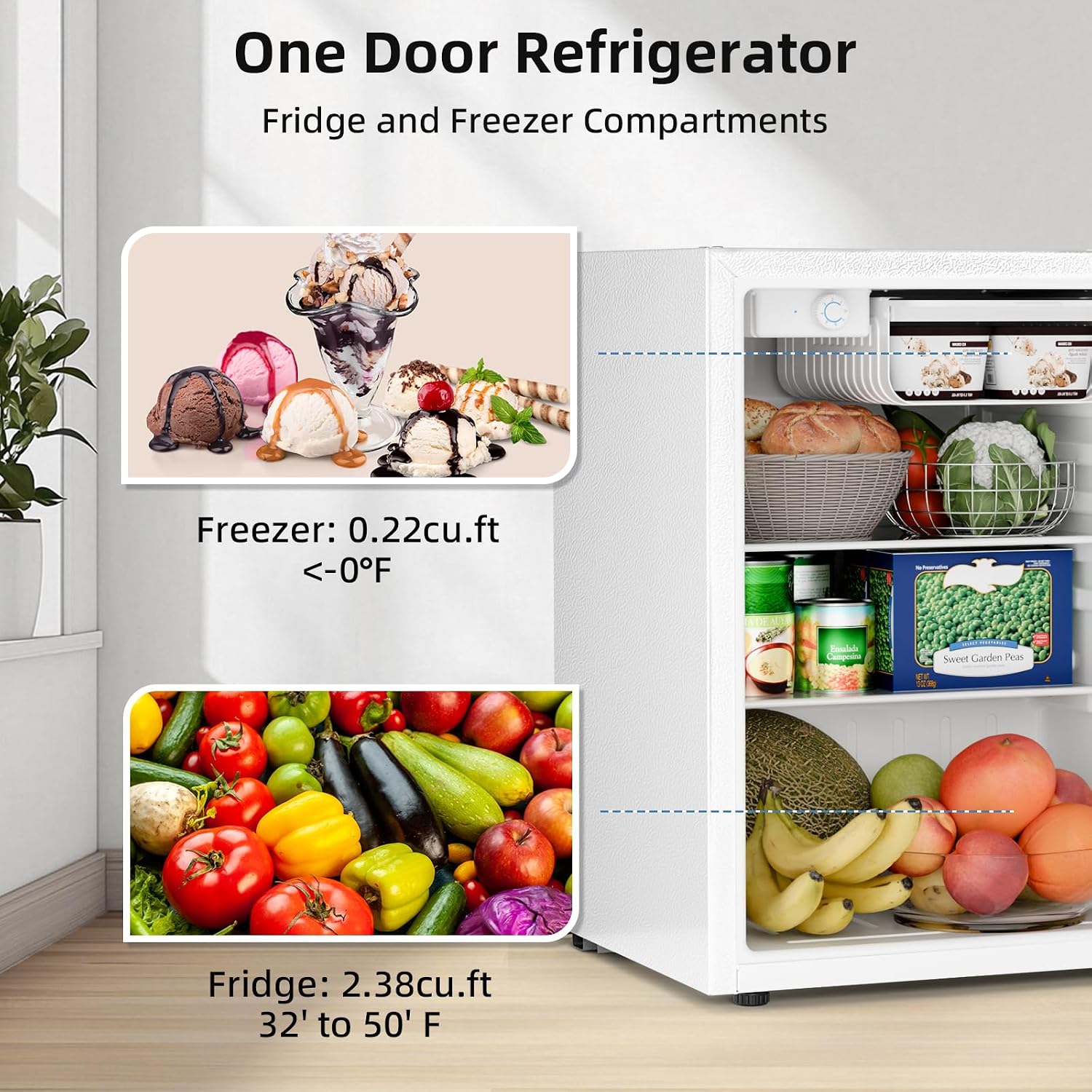 Antarctic Star Compact Refrigerator with Freezer, 2.6 Cu.Ft Mini Fridge with Adjustable Thermostat,Single Door,Removable Glass Shelves for Dorm/Kitchen/Office,WHITE