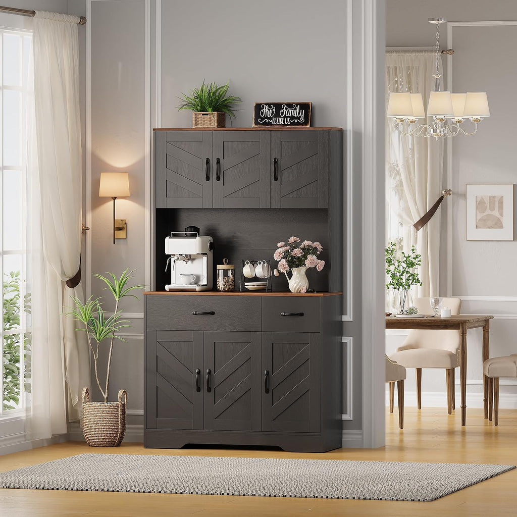 IDEALHOUSE 71' Kitchen Pantry Storage Cabinet with Charging Station, Farmhouse Kitchen Hutch Cabinet with 2 Storage Drawers, Large Food Pantry with Microwave Stand for Dining Room,Living Room,Black