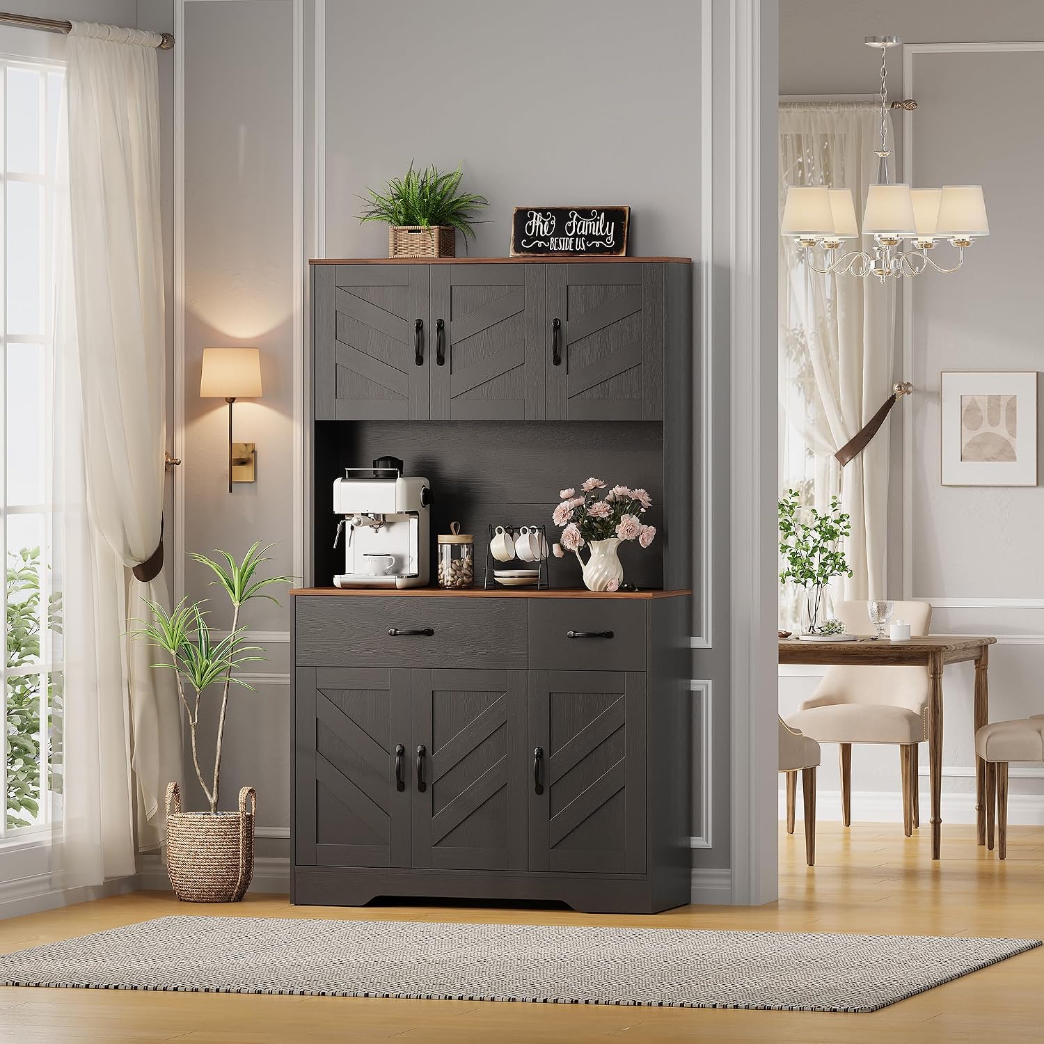 IDEALHOUSE 71' Kitchen Pantry Storage Cabinet with Charging Station, Farmhouse Kitchen Hutch Cabinet with 2 Storage Drawers, Large Food Pantry with Microwave Stand for Dining Room,Living Room,Black