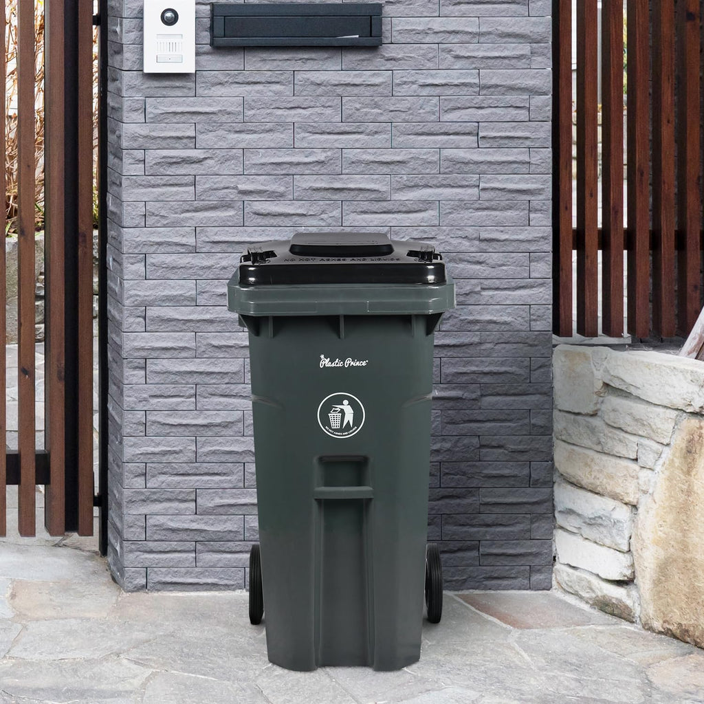 PLASTIC PRINCE 32 Gallon Trash Can with Wheels Outdoor Recycling Bin with Lid and Wheels Heavy Duty Rolling Garbage Can Commercial Wheeled Garbage Can for Home Garage Office, Set of Blue and Gray