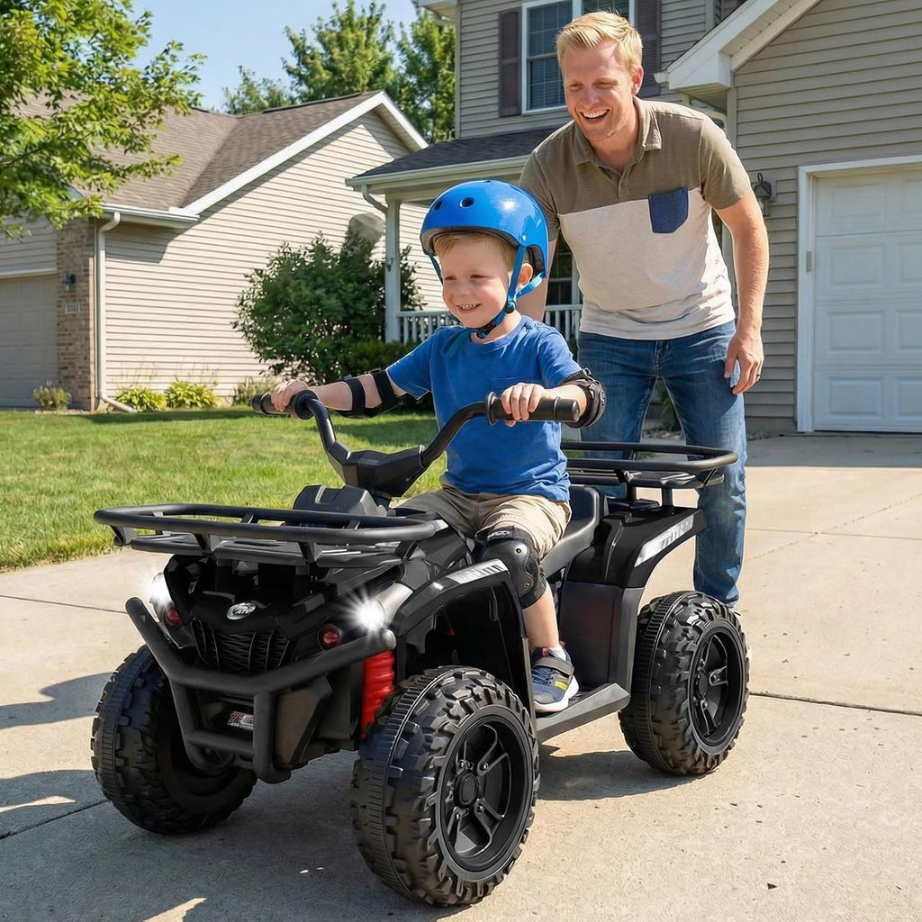 OLAKIDS 12V Kids ATV Quad with 2 Speeds, Spring Suspension, LED Lights, Music & Story Player, Big Tires, 2 Storage Spaces, Ride On Car for Boys Girls Ages 3+ (12V, Black)