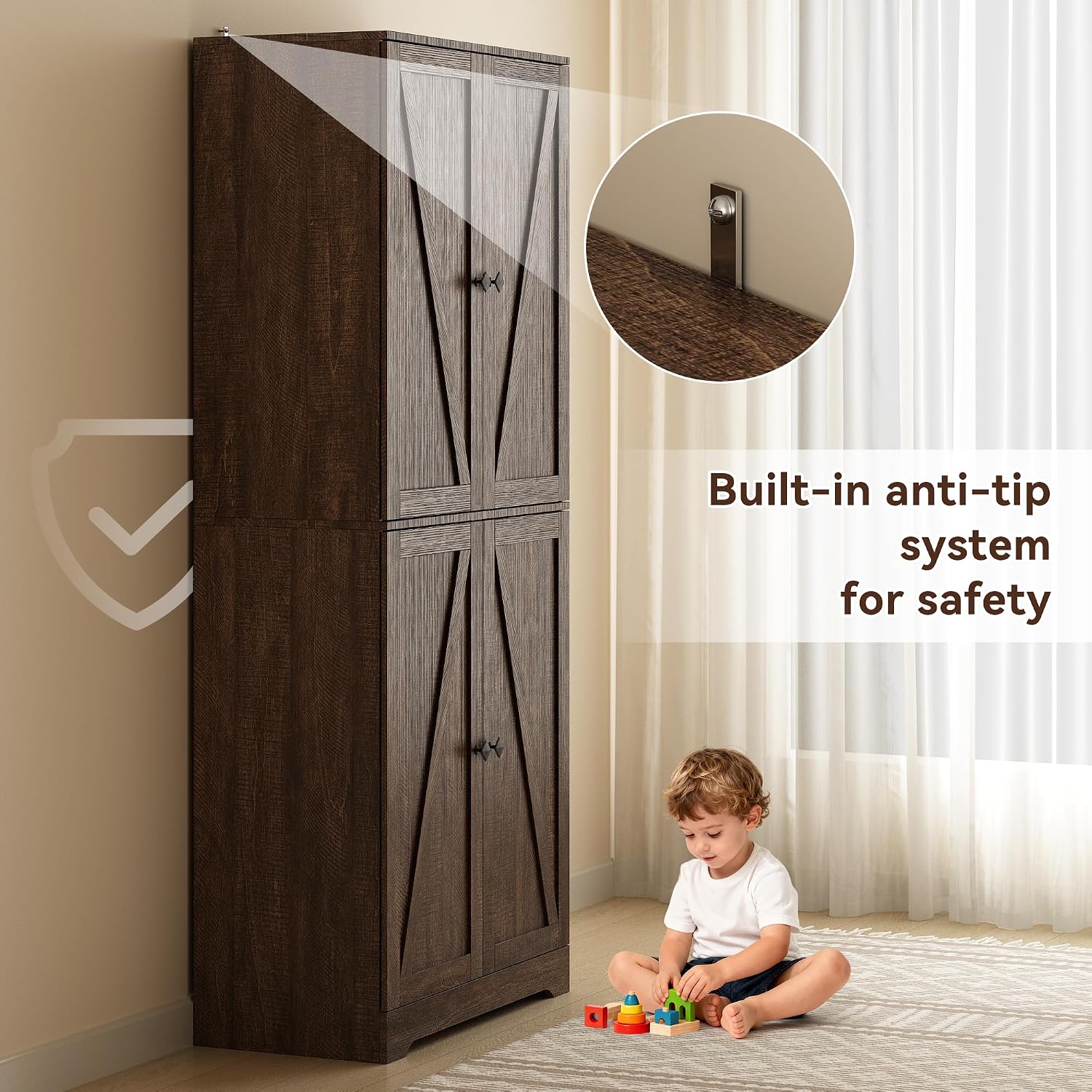 Kitchen Pantry Cabinet Set of 3, 72' Tall Farmhouse Storage Cabinet with 4 Barn Doors and Adjustable Shelves, Pantry Cabinet Versatile Storage for Kitchen, Living Room, Brown