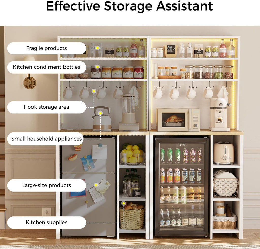 IRONCK Bakers Rack with Mini Fridge Space & Power Outlets, 69.3' Coffee Bar Station with LED Lights, 7-Tier Kitchen Microwave Stand with Hooks & Wooden Backboard, Space-Saving Utility Organizer, White