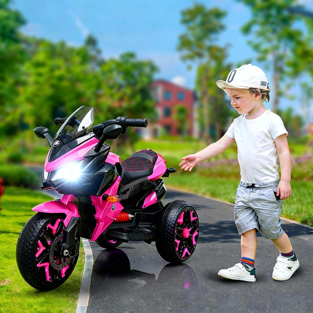 12V Kids Electric Motorcycle with Training Wheels | Plastic, PU seat, manual throttle, foot brake, USB, MP3, phone link, light-up wheels, ages 3-6, 45.3 W x 23.2 D x 28.7 H in