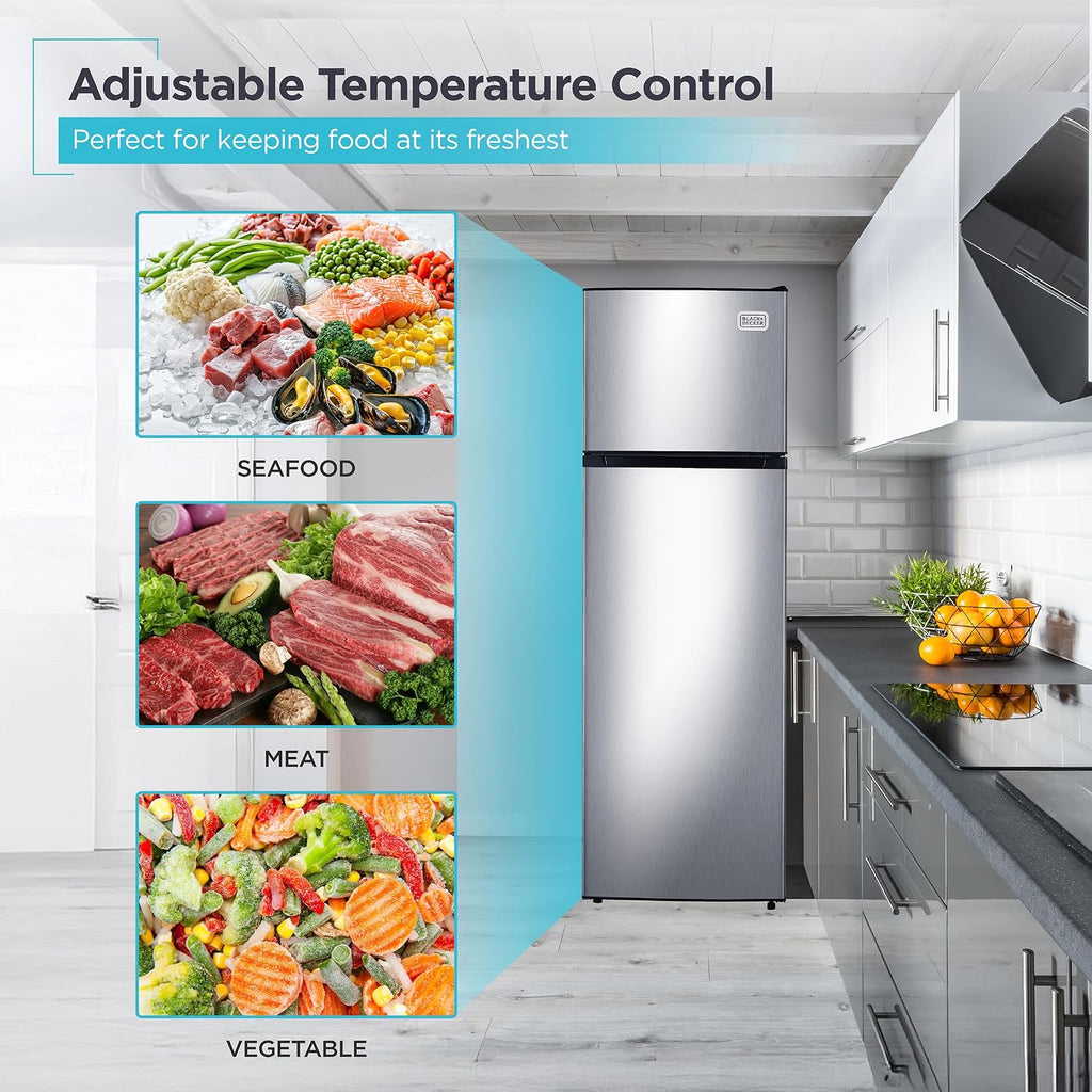 BLACK+DECKER 10 Cu. Ft. Top Mount Refrigerator with Freezer, 2 Door Fridge with Top Freezer and Mechanical Temperature Control, For Homes and Apartments, BDA10LAS, Stainless Steel Look