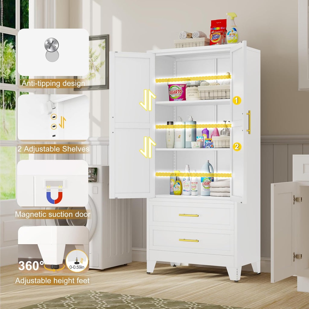 GAIOUS 71' Tall Metal Pantry Cabinet, Steel Storage Cabinets with 2 Drawers | 2 Adjustable Shelf and 2 Doors, Used as Kitchen cabinet, Freestanding Cupboard for Kitchen, Office, Living Room (White)
