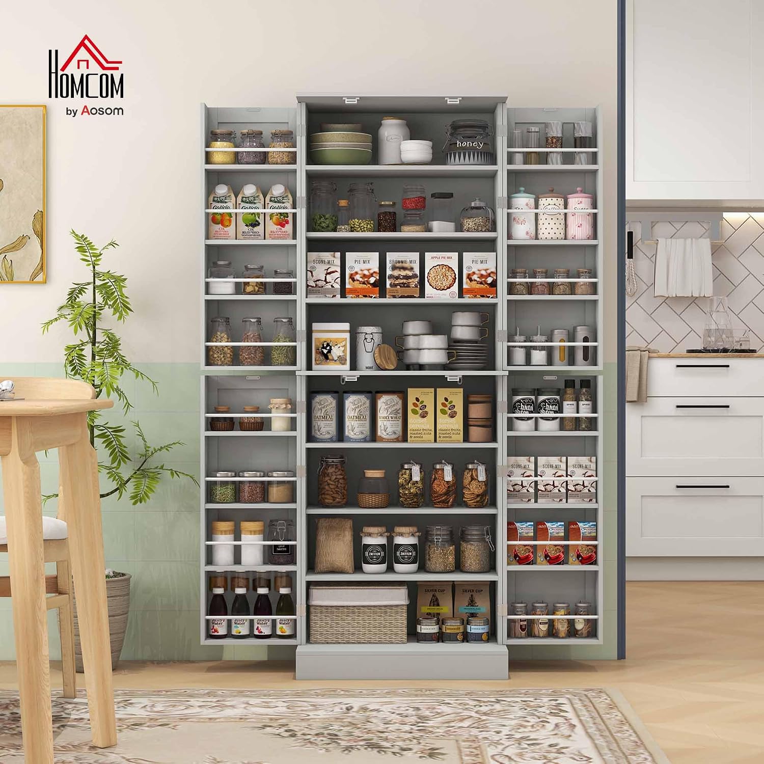 HOMCOM 65' Kitchen Pantry Storage Cabinet, Freestanding Kitchen Cabinet with 16 Door Shelves, Double Doors, 8-Tier Shelving and Adjustable Shelves, Gray