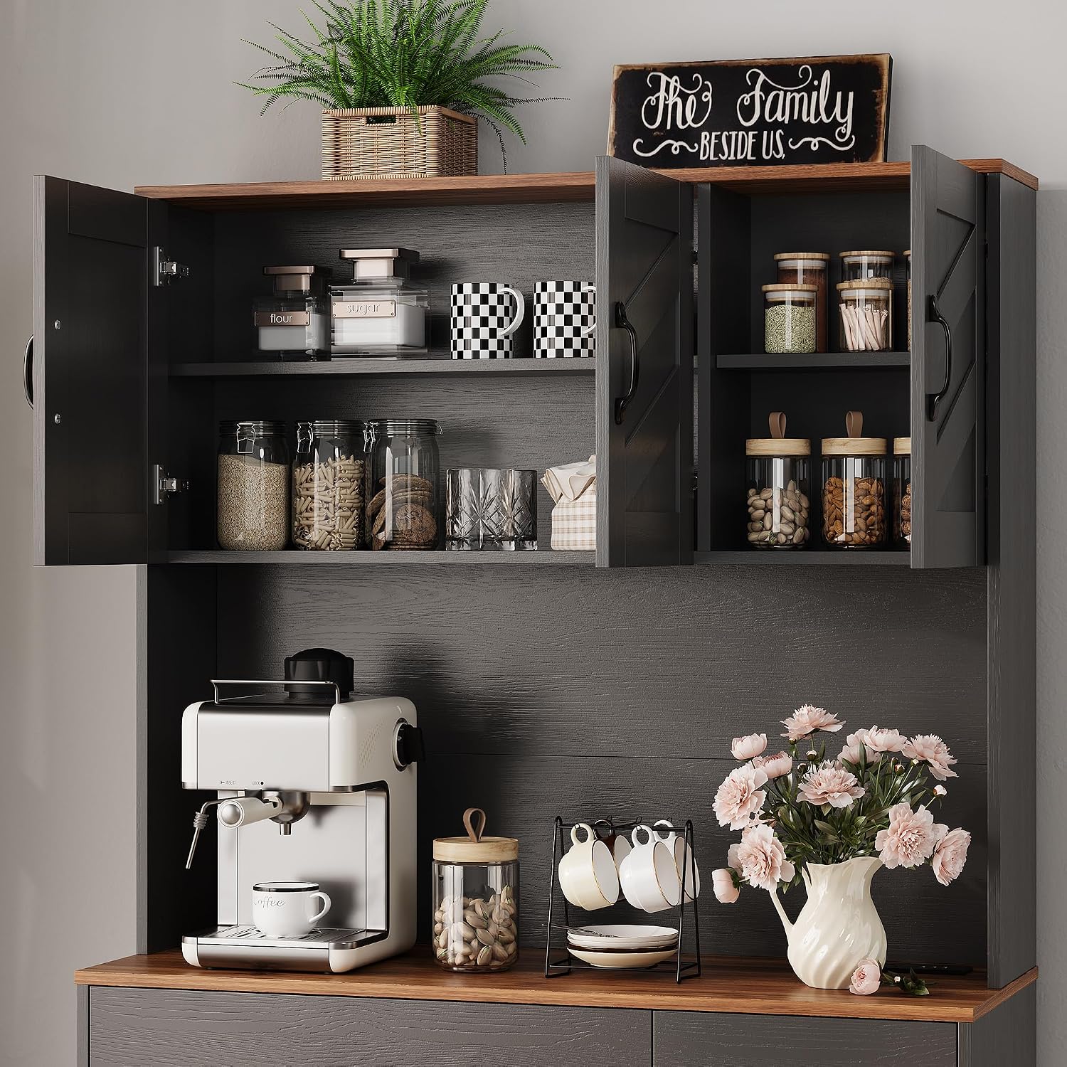 IDEALHOUSE 71' Kitchen Pantry Storage Cabinet with Charging Station, Farmhouse Kitchen Hutch Cabinet with 2 Storage Drawers, Large Food Pantry with Microwave Stand for Dining Room,Living Room,Black