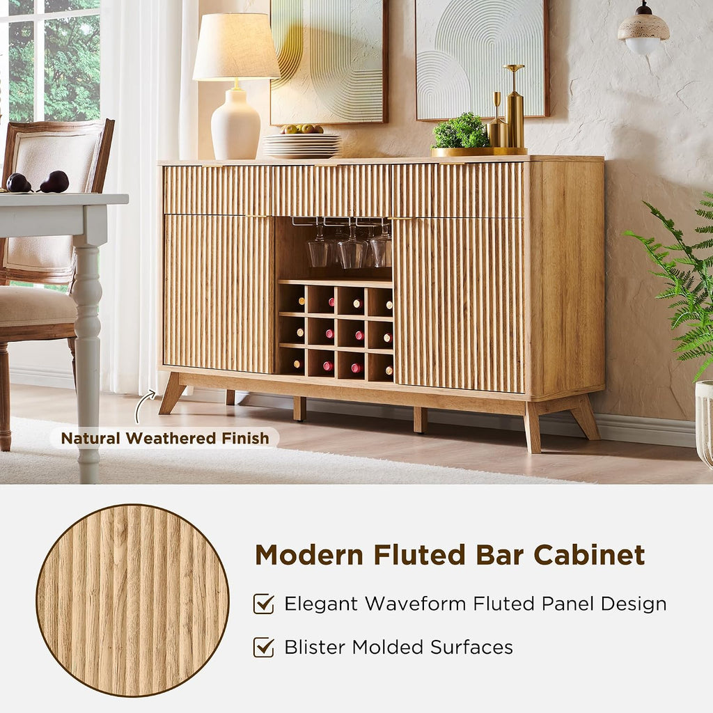 OKD 60' Fluted Wine Bar Cabinet, Mid-Century Modern Sideboard, Natural Oak | 3 Spacious Drawers, 3 Stemware Racks, 12 Wine Racks, Tapered Wood Legs, Adjustable Shelves, Sideboard Storage