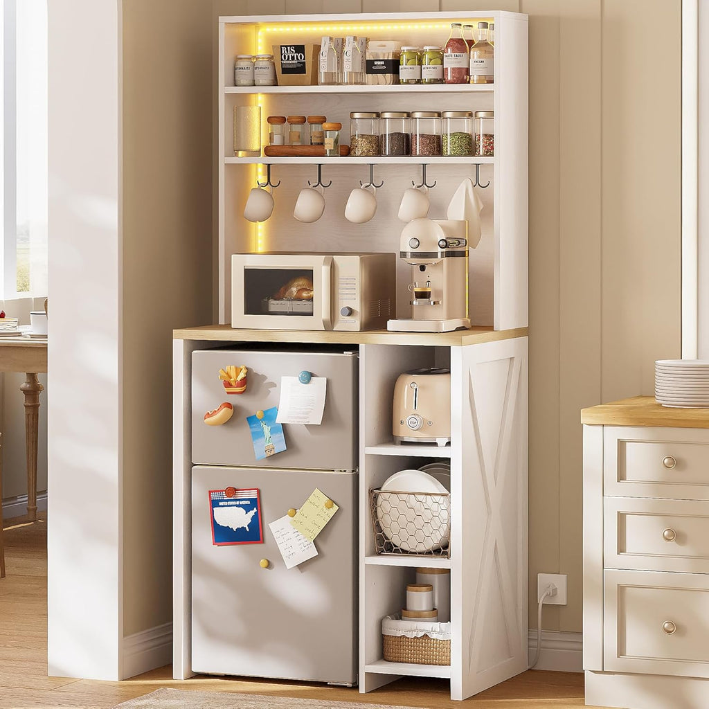 IRONCK Bakers Rack with Mini Fridge Space & Power Outlets, 69.3' Coffee Bar Station with LED Lights, 7-Tier Kitchen Microwave Stand with Hooks & Wooden Backboard, Space-Saving Utility Organizer, White