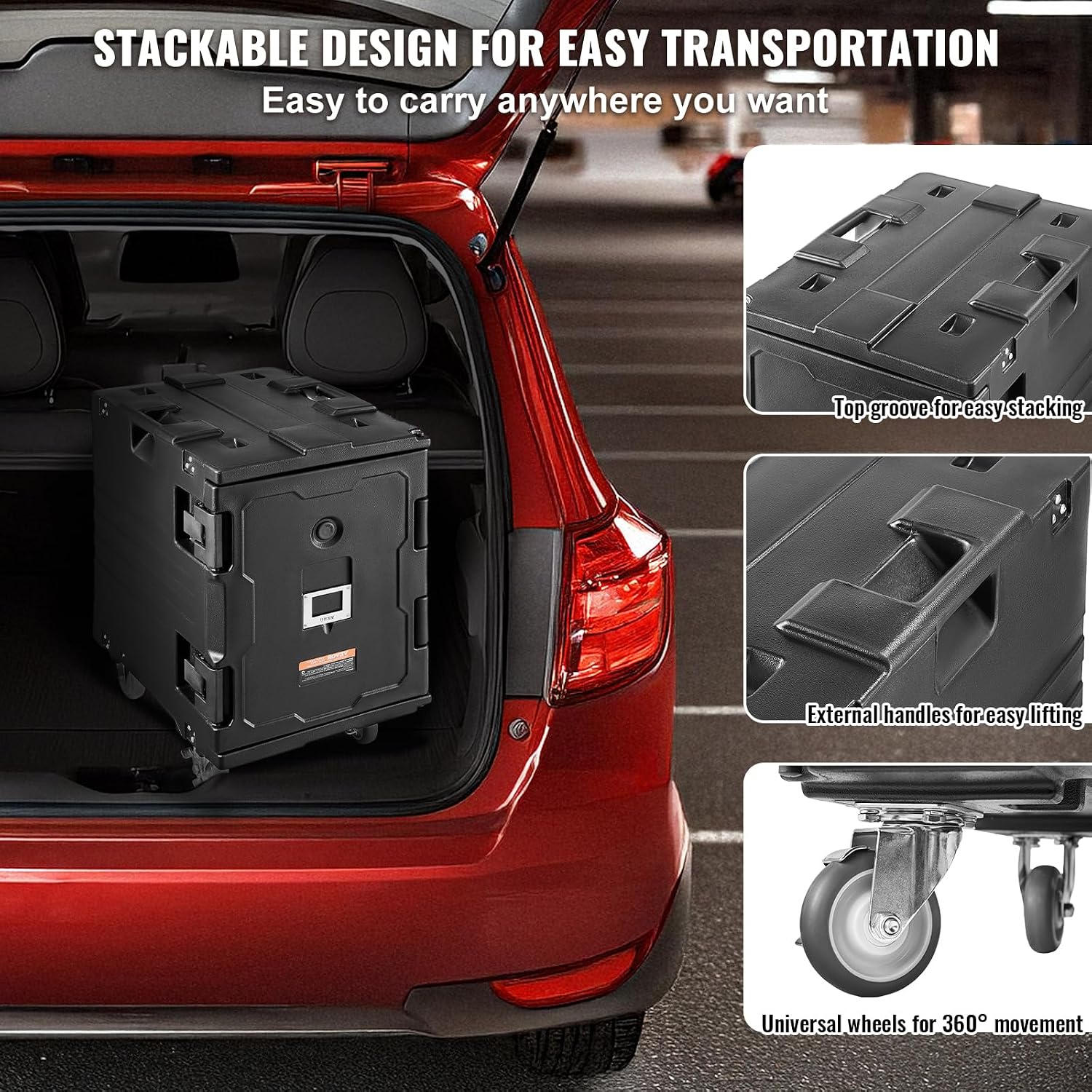 VEVOR Insulated Food Pan Carrier, 95 Qt Hot Box for Catering, LLDPE Food Box Carrier w/One-Piece Buckle, Front Loading Food Warmer w/Handles, End Loader w/Wheels for Restaurant, Canteen, etc. Black