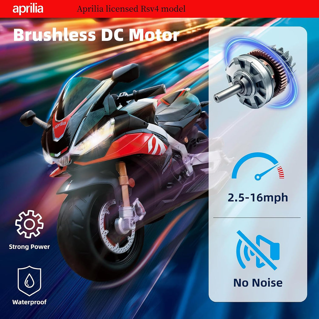 TCARAIWEN Aprilia Licensed 24V Kids Electric Motorcycle,Ride-On Motorcycle Speed Up to 8mph with Side Wheels, Key Switch and Mp3 (Normal Motors - 24V, Black)