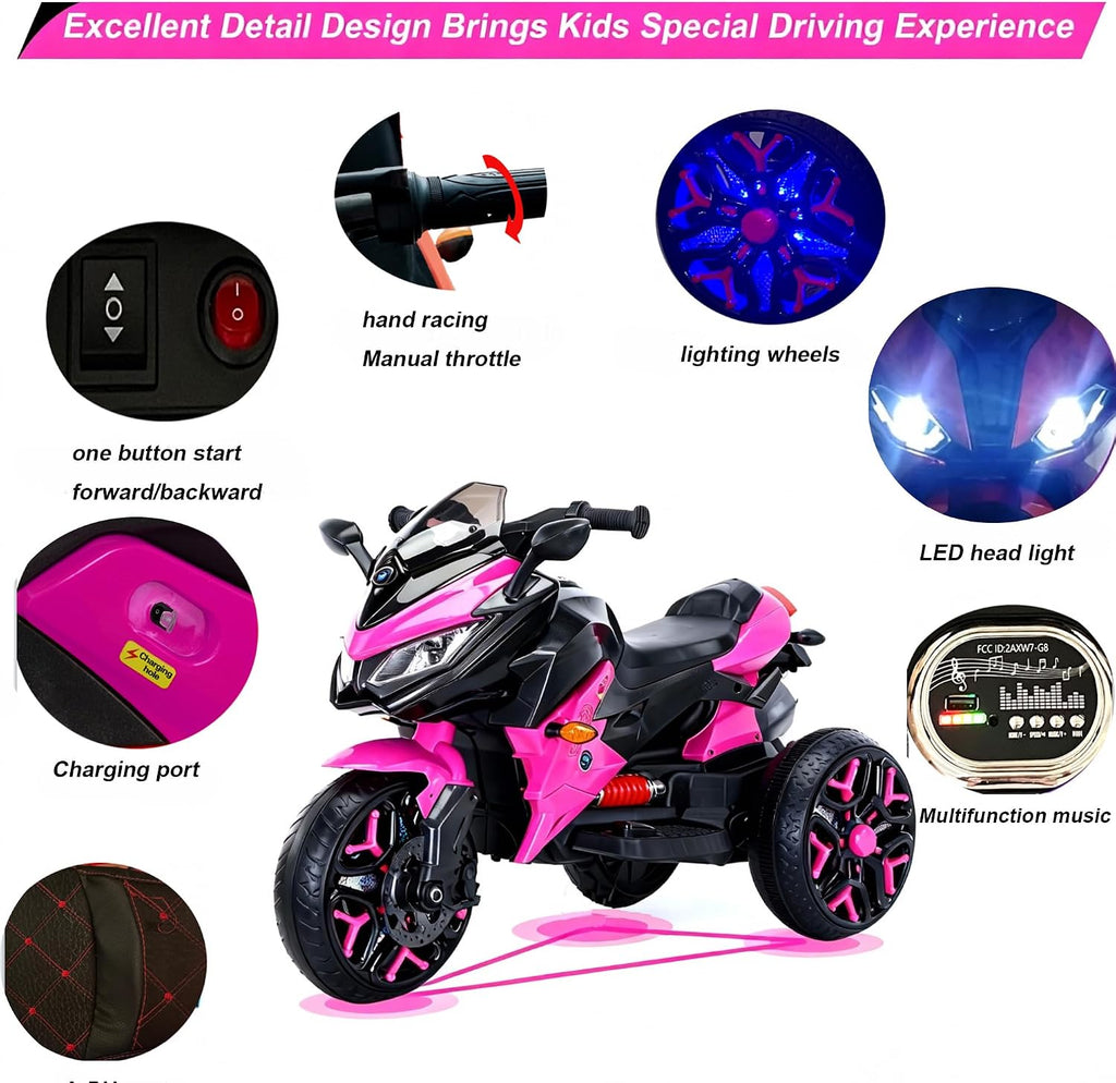 12V Kids Electric Motorcycle with Training Wheels | Plastic, PU seat, manual throttle, foot brake, USB, MP3, phone link, light-up wheels, ages 3-6, 45.3 W x 23.2 D x 28.7 H in