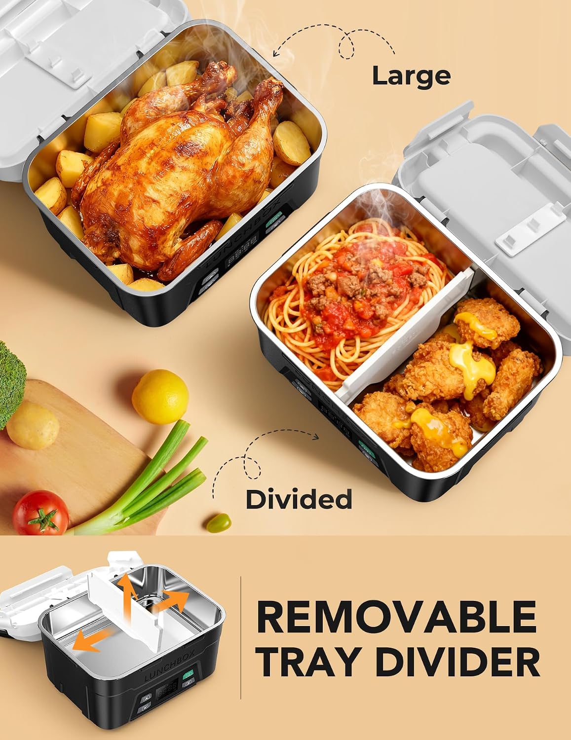 EAST OAK XL 6.3 Cups Cordless Electric Lunch Box for Adults, Heated Lunch Box Battery Powered with Automatic Heating, Portable Food Warmer with Removable Tray Divider